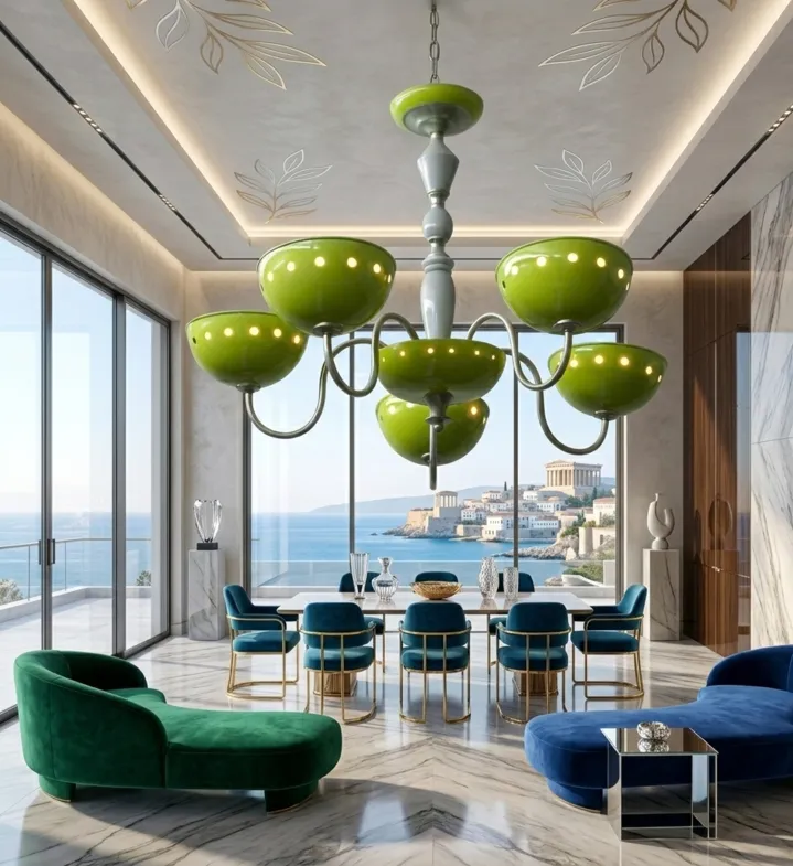 Antique hanging lamp with bright green lights in a bright modern setting.