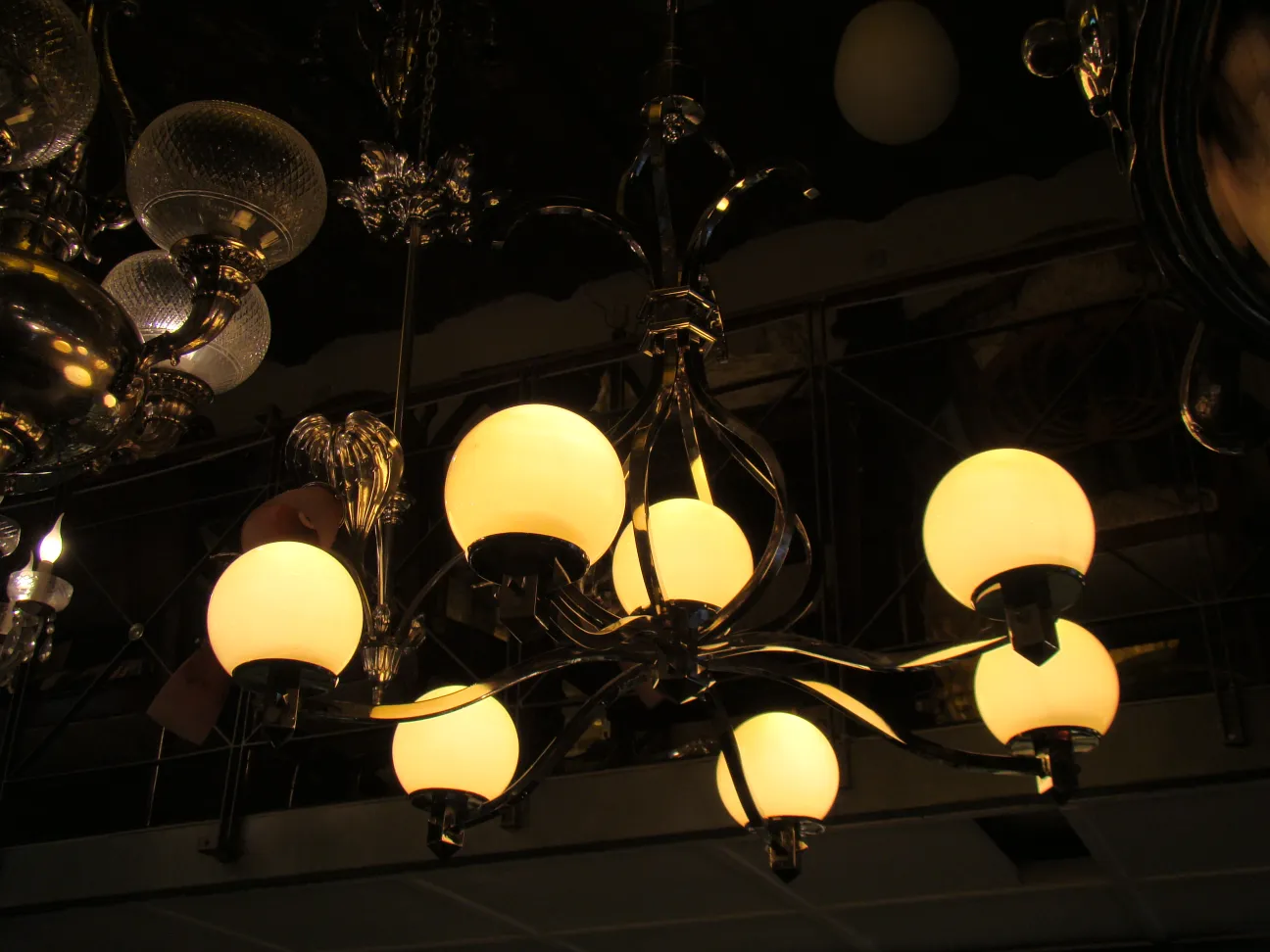 antique hanging lamp with multiple round shades, art deco