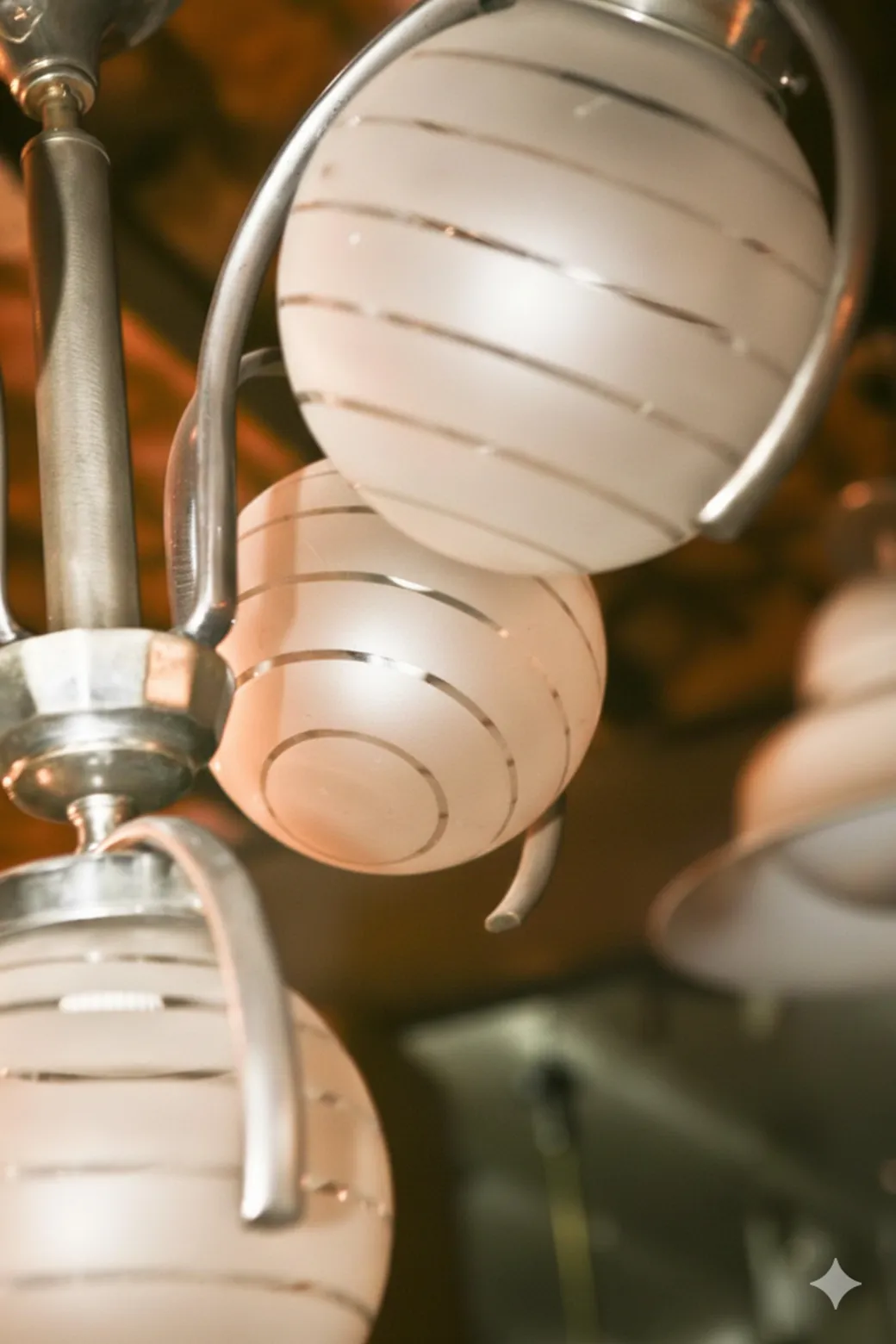 lampada a sospensione antica con design art deco e dettagli arrotondati