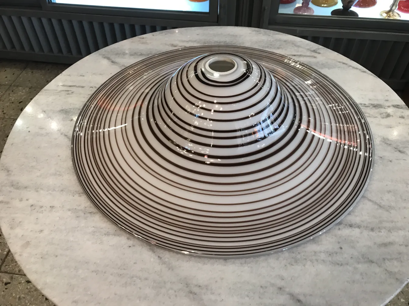 Antique hanging lamp with striped white and brown design, visible in an antique setting.