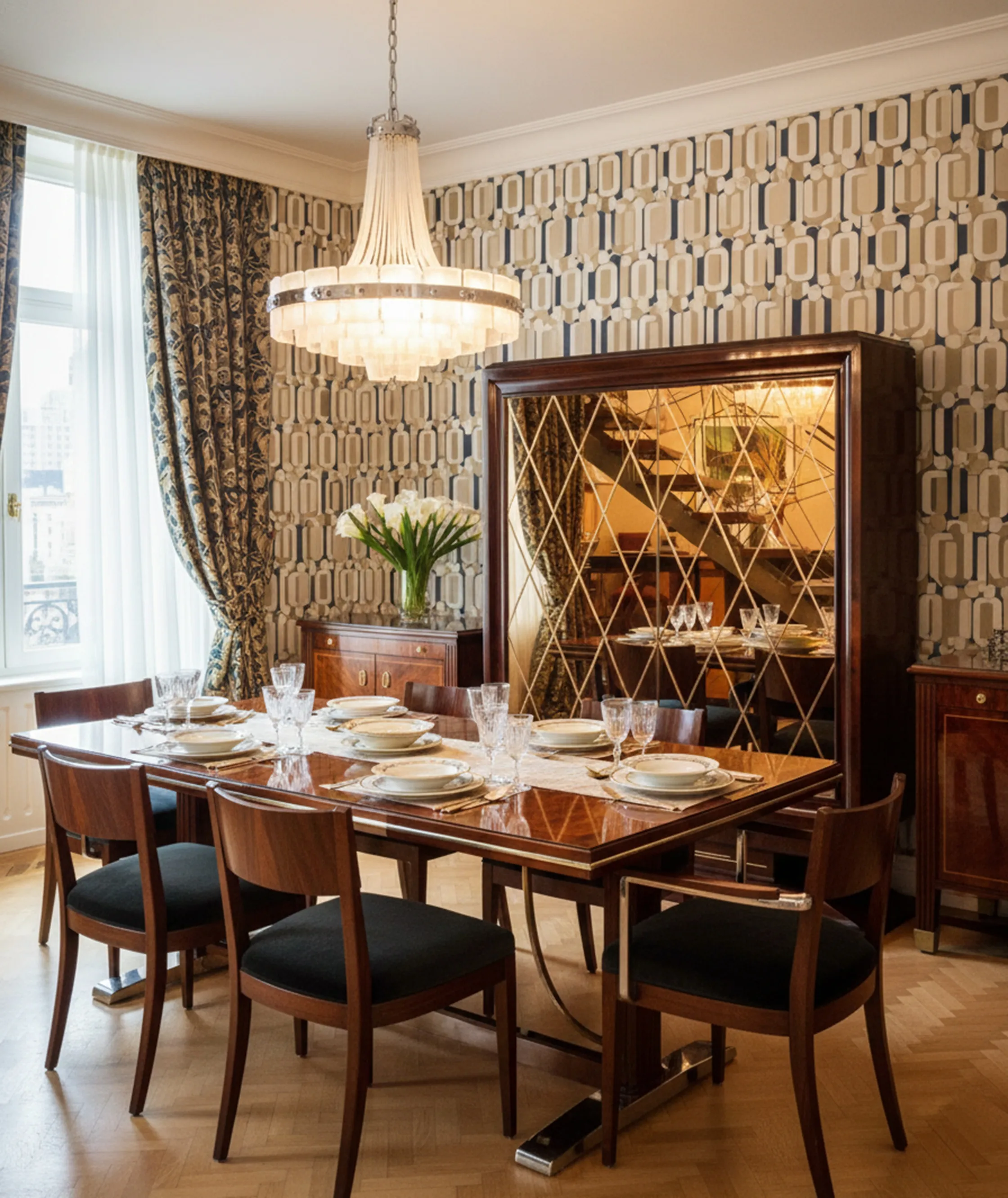 Antikes Bar-Möbel mit elegantem Design, dekoriert mit Kristallen und Blumen auf dem Tisch