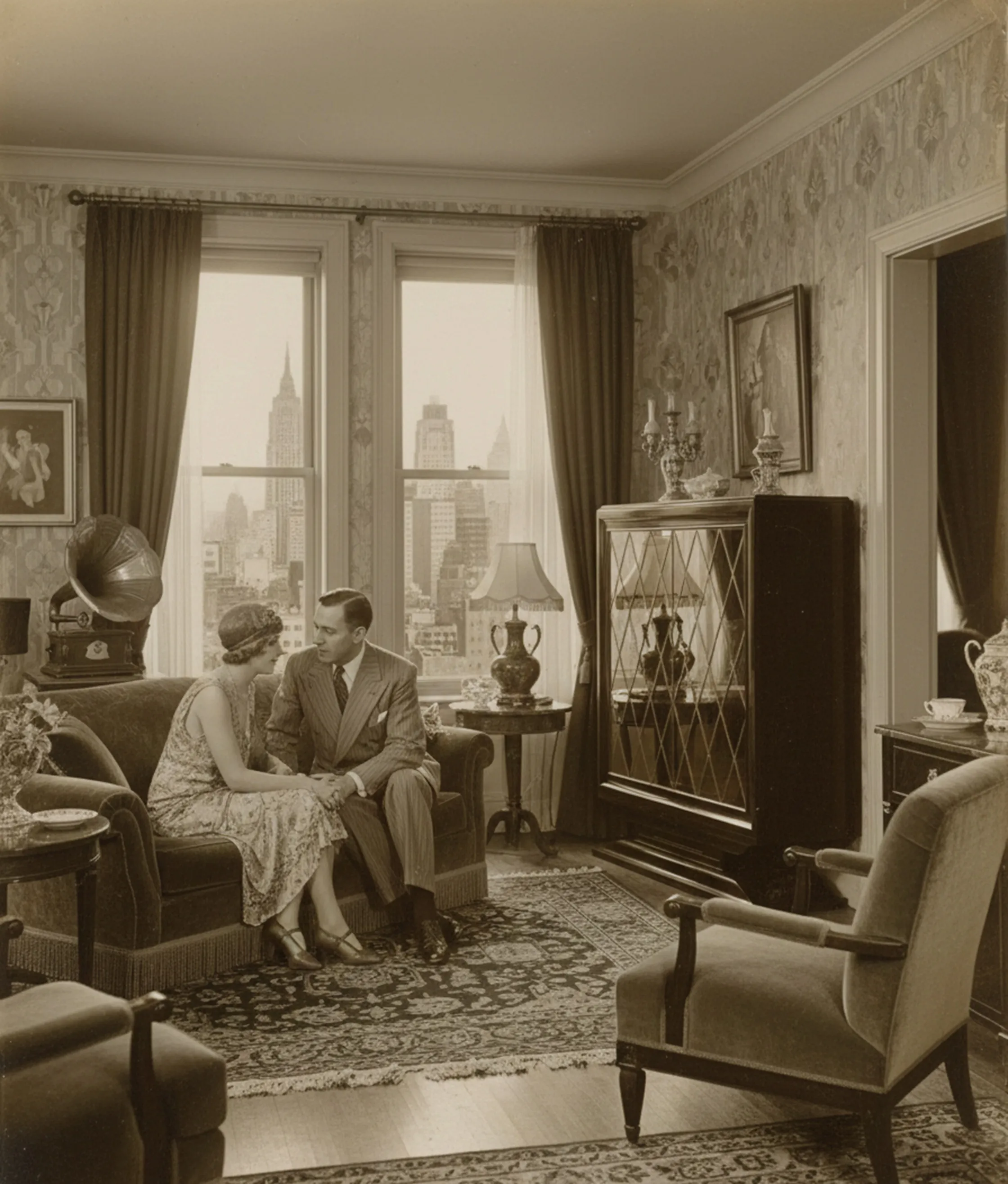 meuble à cocktail ancien décoré, avec fenêtres et vue sur la ville