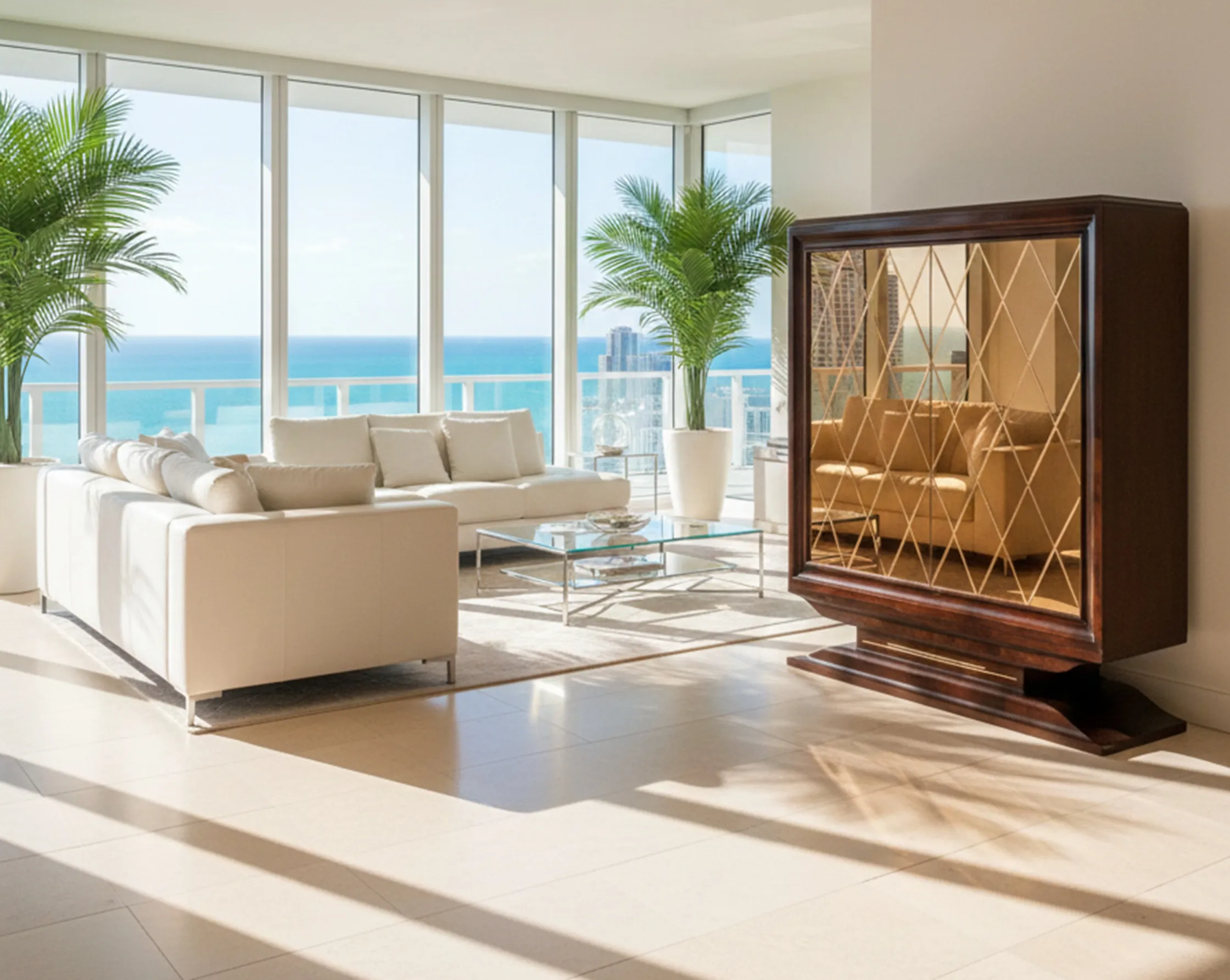 antiker Cocktailschrank mit Spiegel, elegant in modernem Ambiente