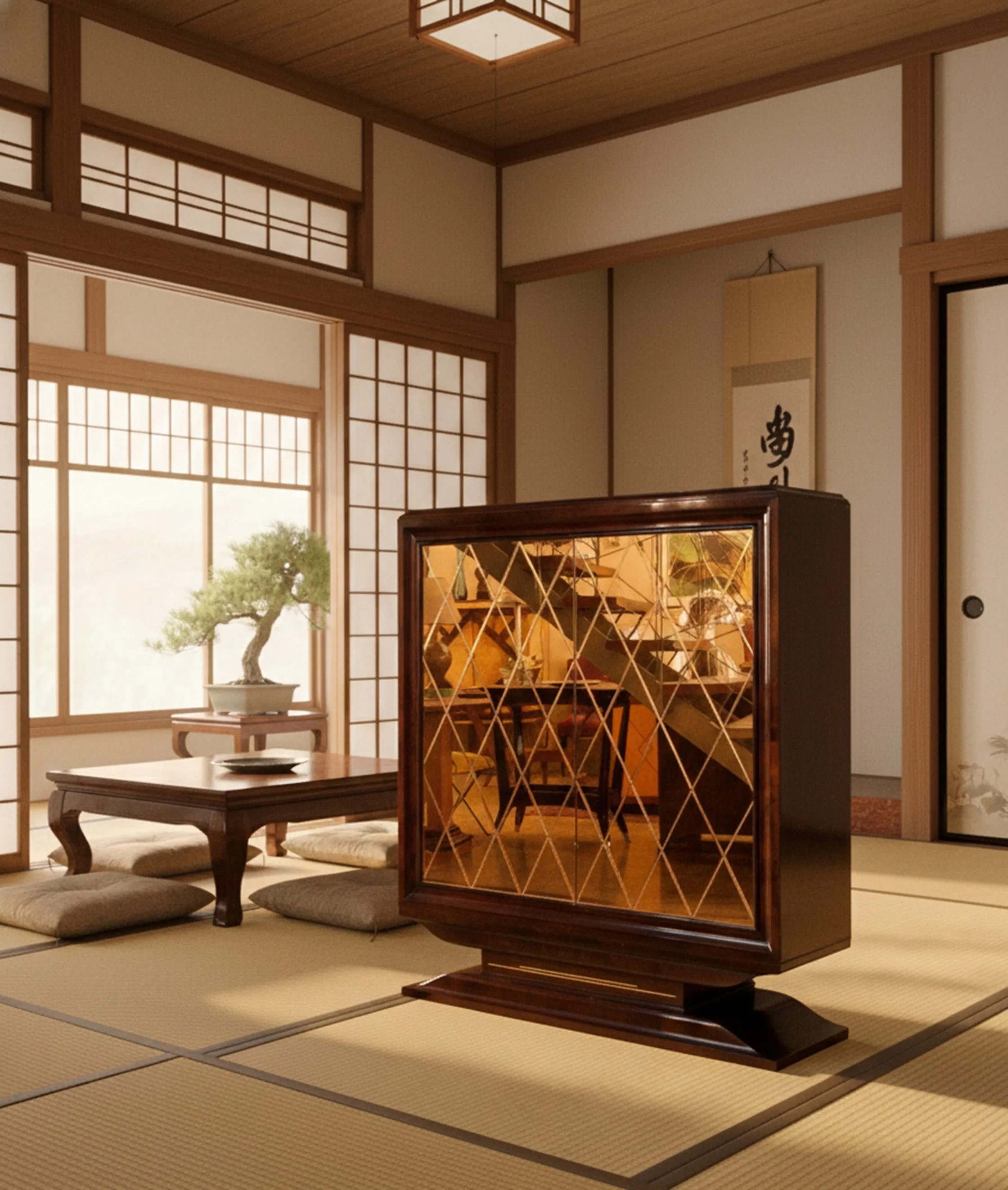 mueble bar antiguo con reflejos dorados en un salón japonés con tatami y planta