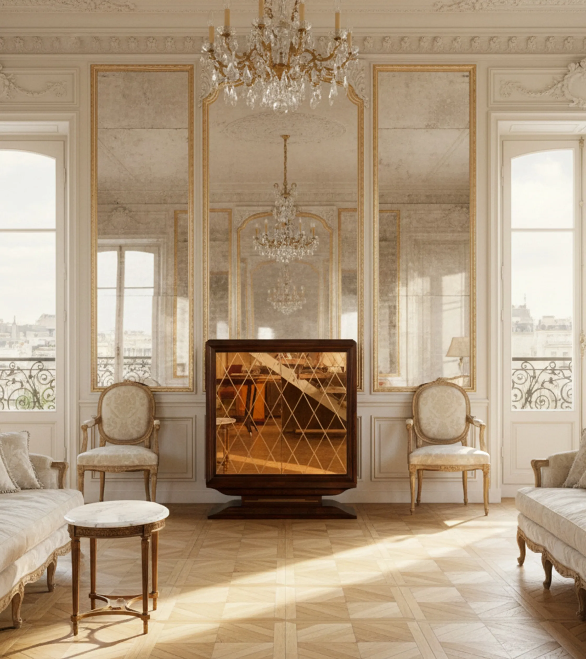 Meuble bar ancien dans un salon classique, avec des détails élégants