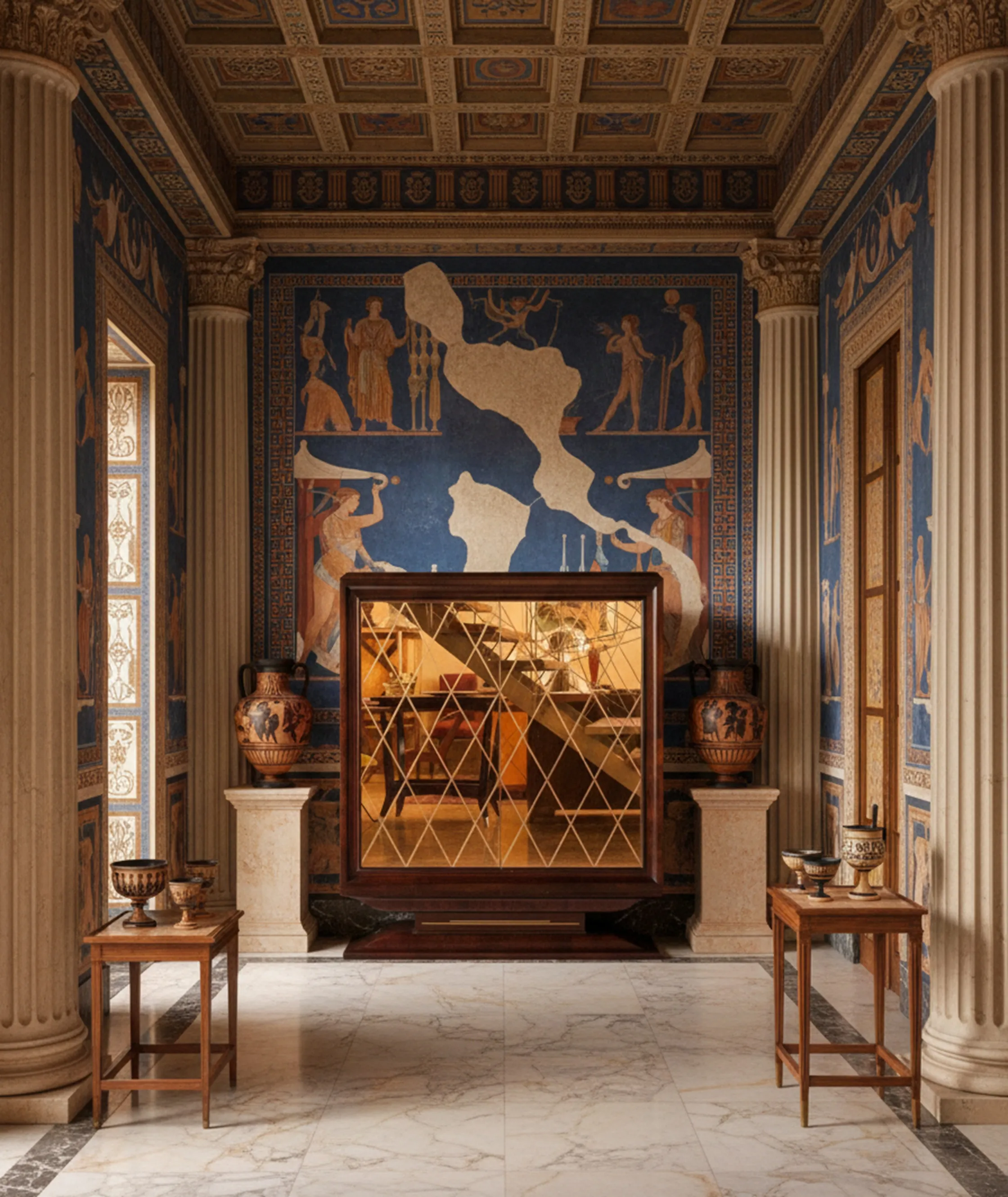 antik-barschrank-mit-spiegel-in-einem-eleganten-wohnzimmer-mit-säulen