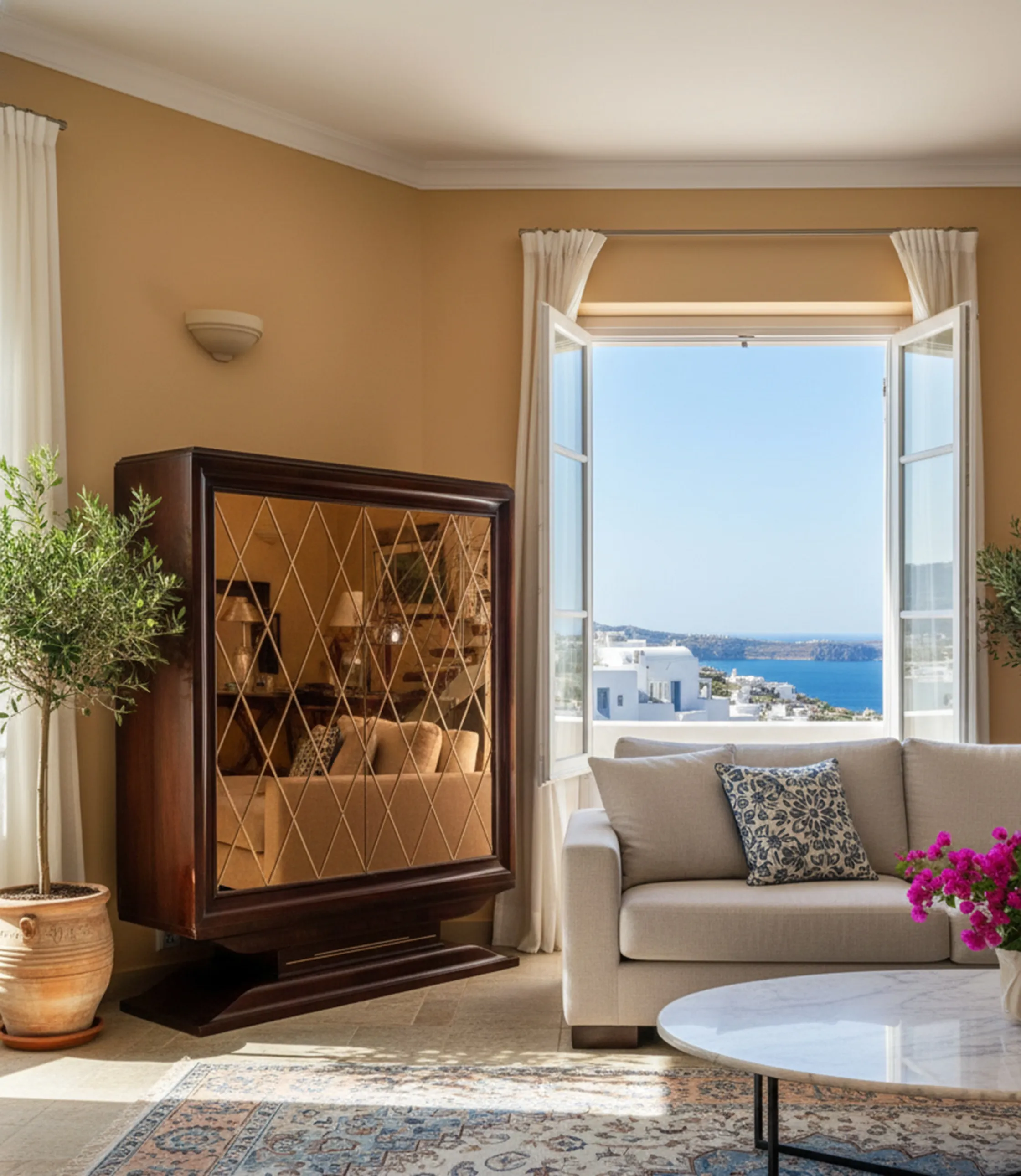 Antique bookcase with sea view in a bright environment.