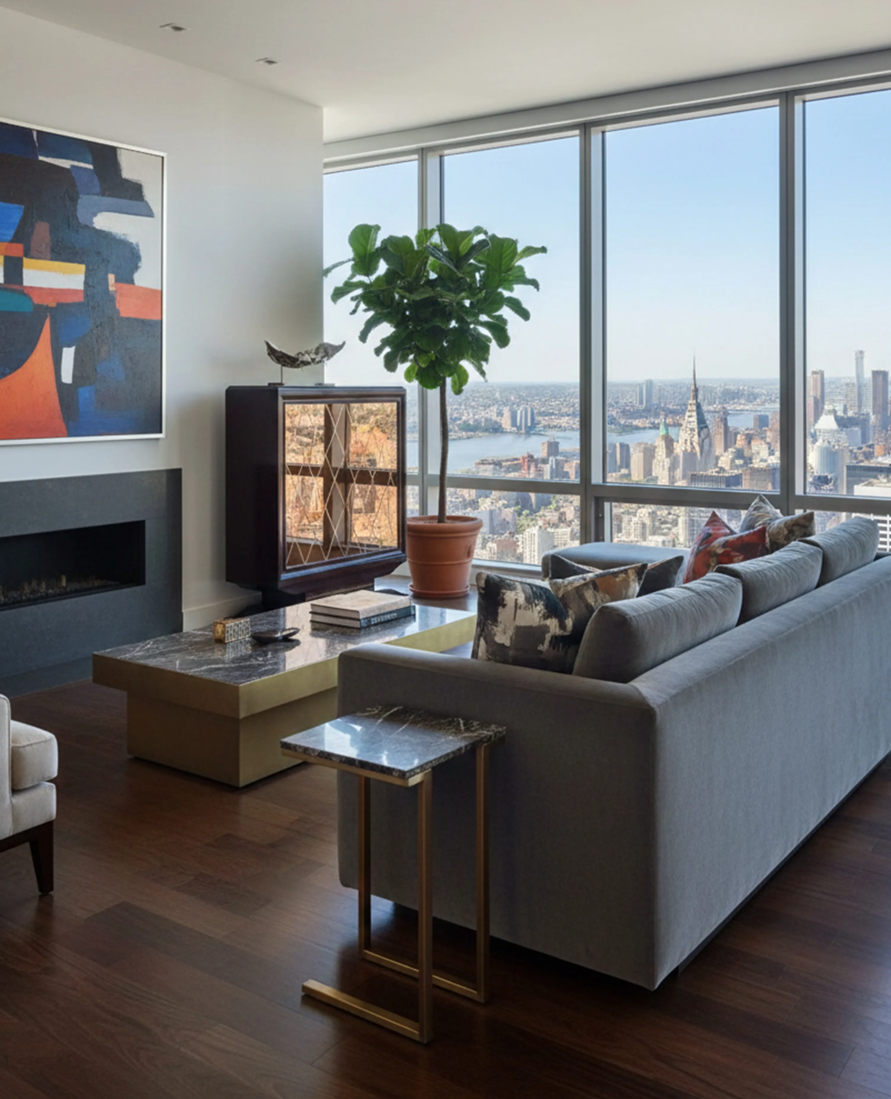 antique bookcase in a modern room with a view