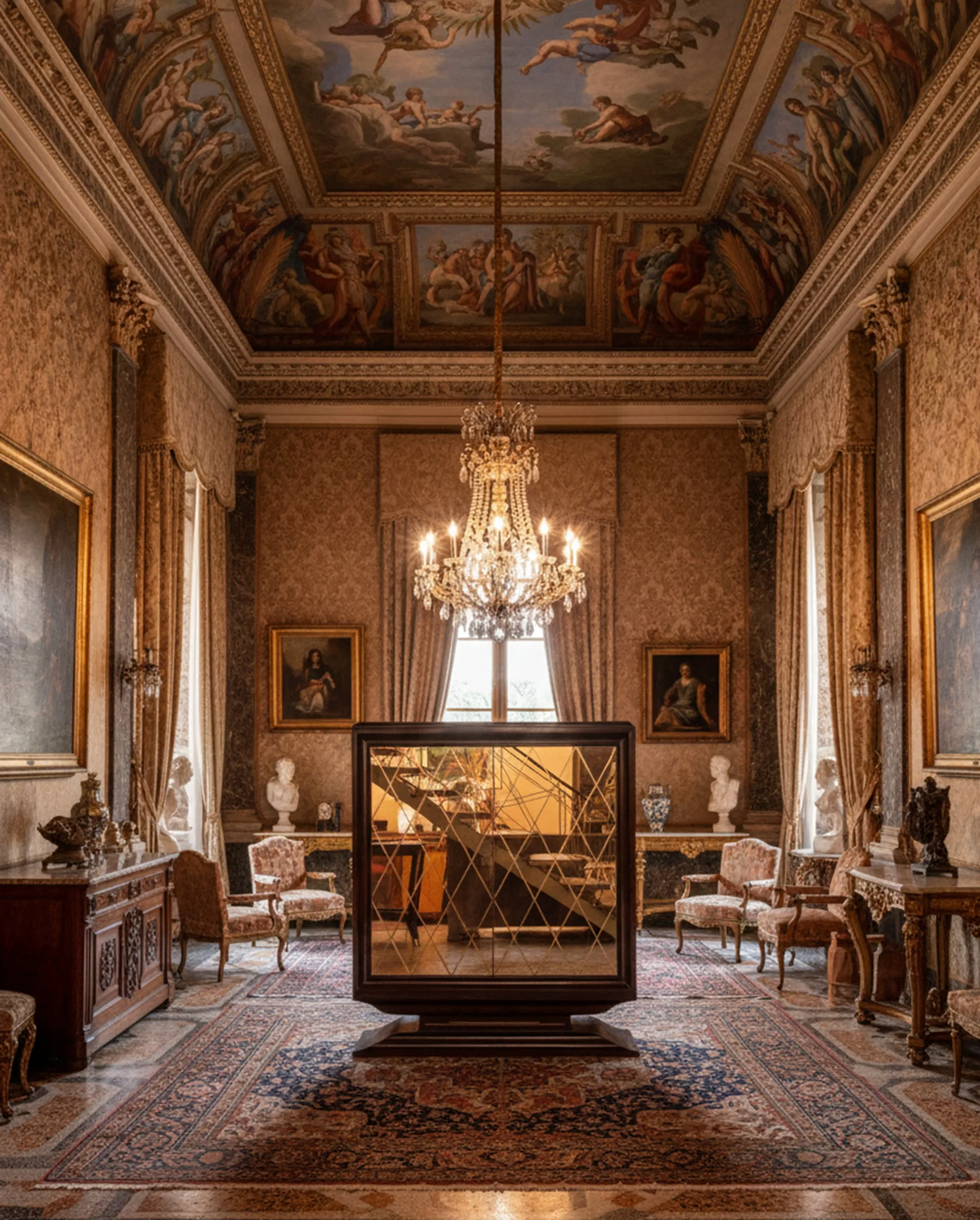 antikes buecherregal mit spiegelreflexion, klassische dekoration, elegante atmosphaere