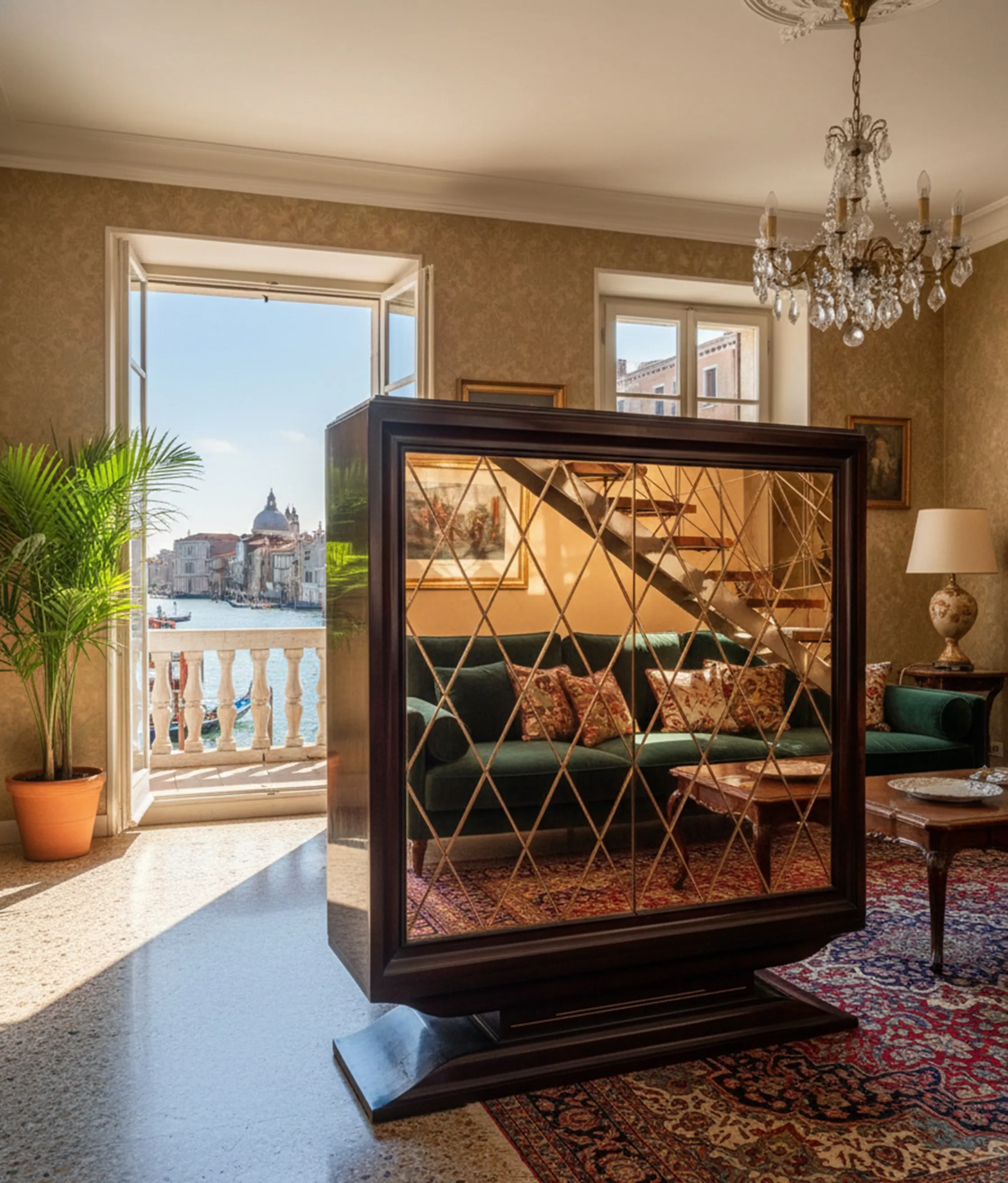 Bibliothèque antique avec miroir dans un cadre élégant