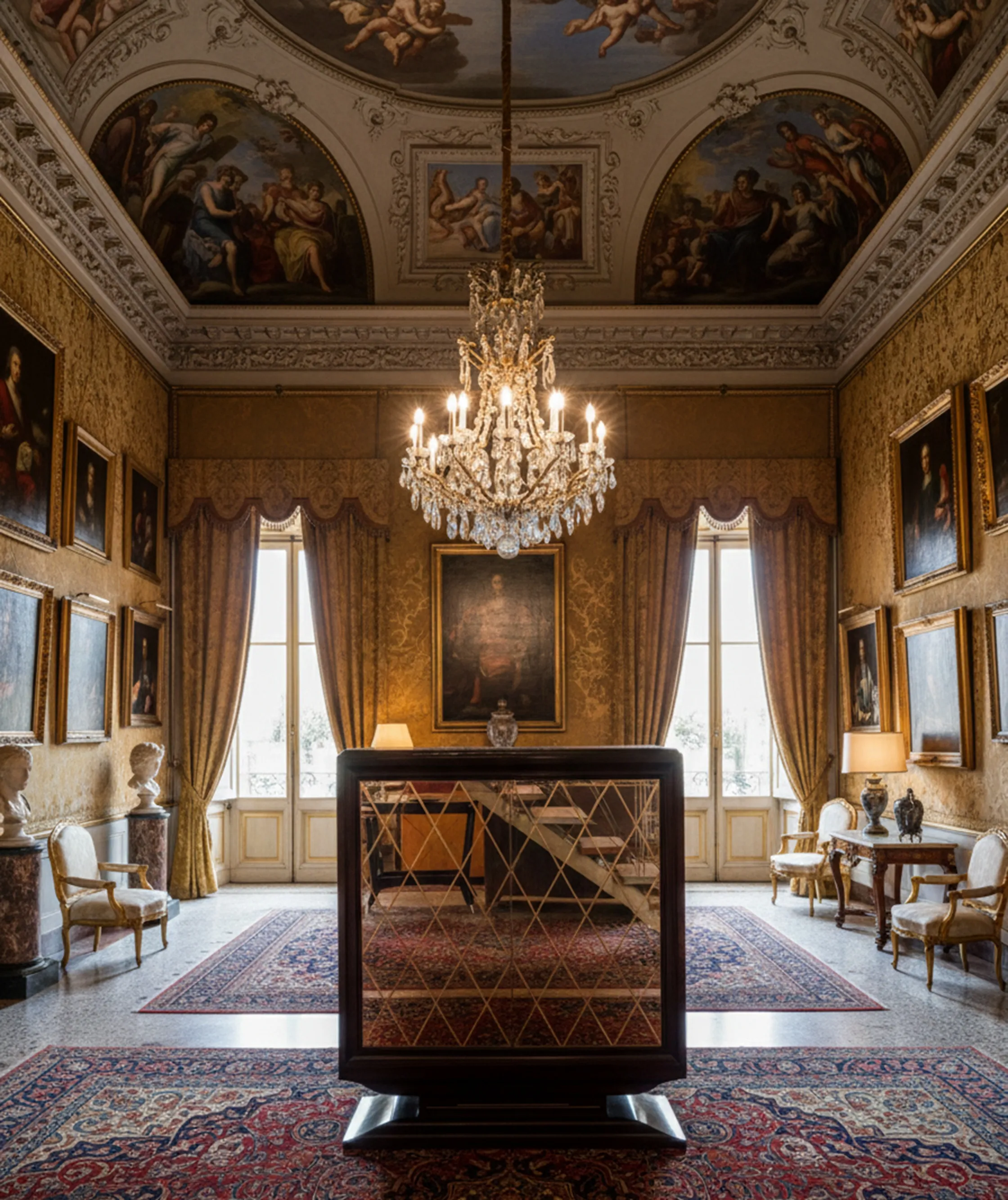 Libreria antica in salone classico con dipinti e lampade.