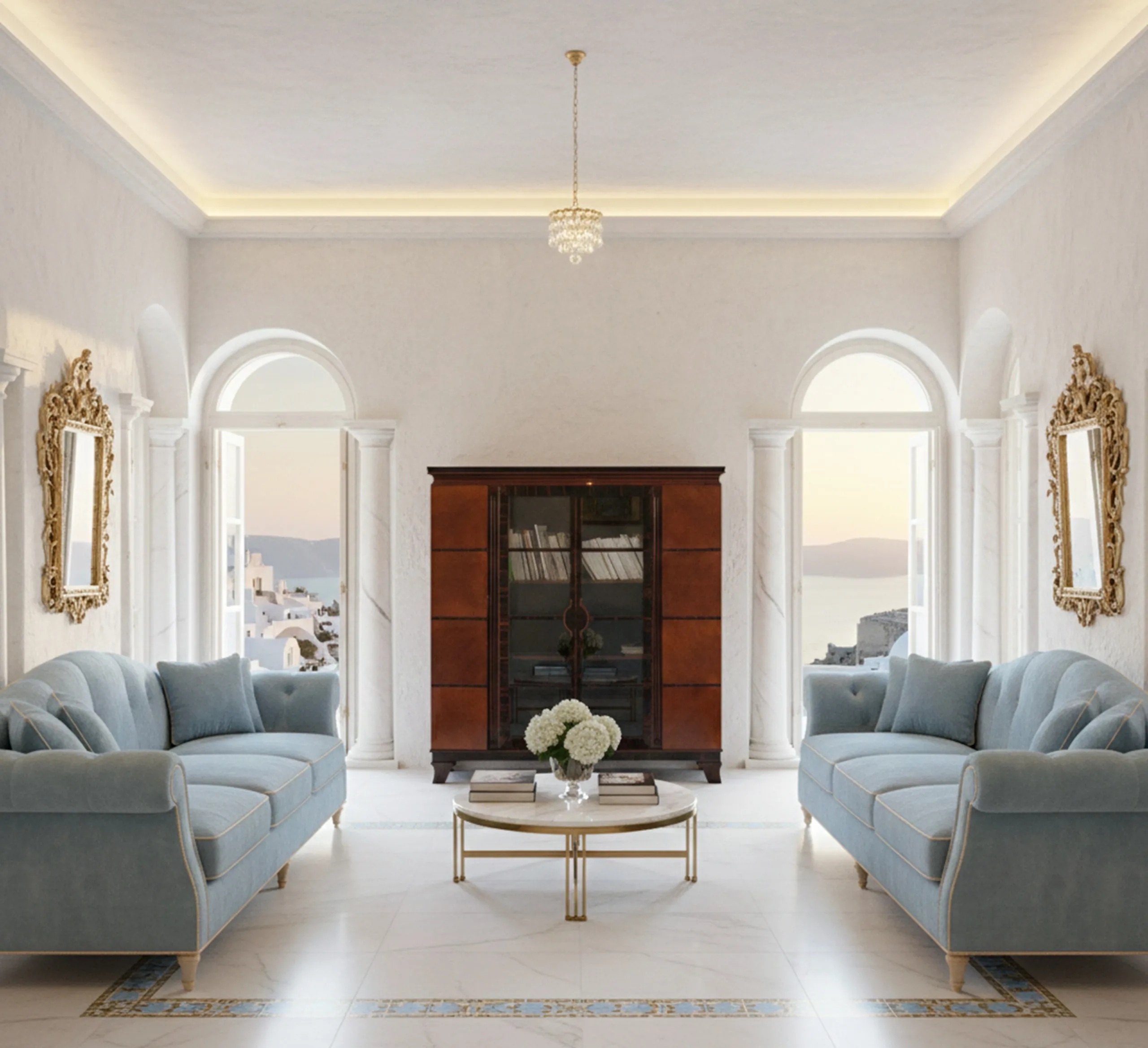 antique bookcase in elegant living room with windows
