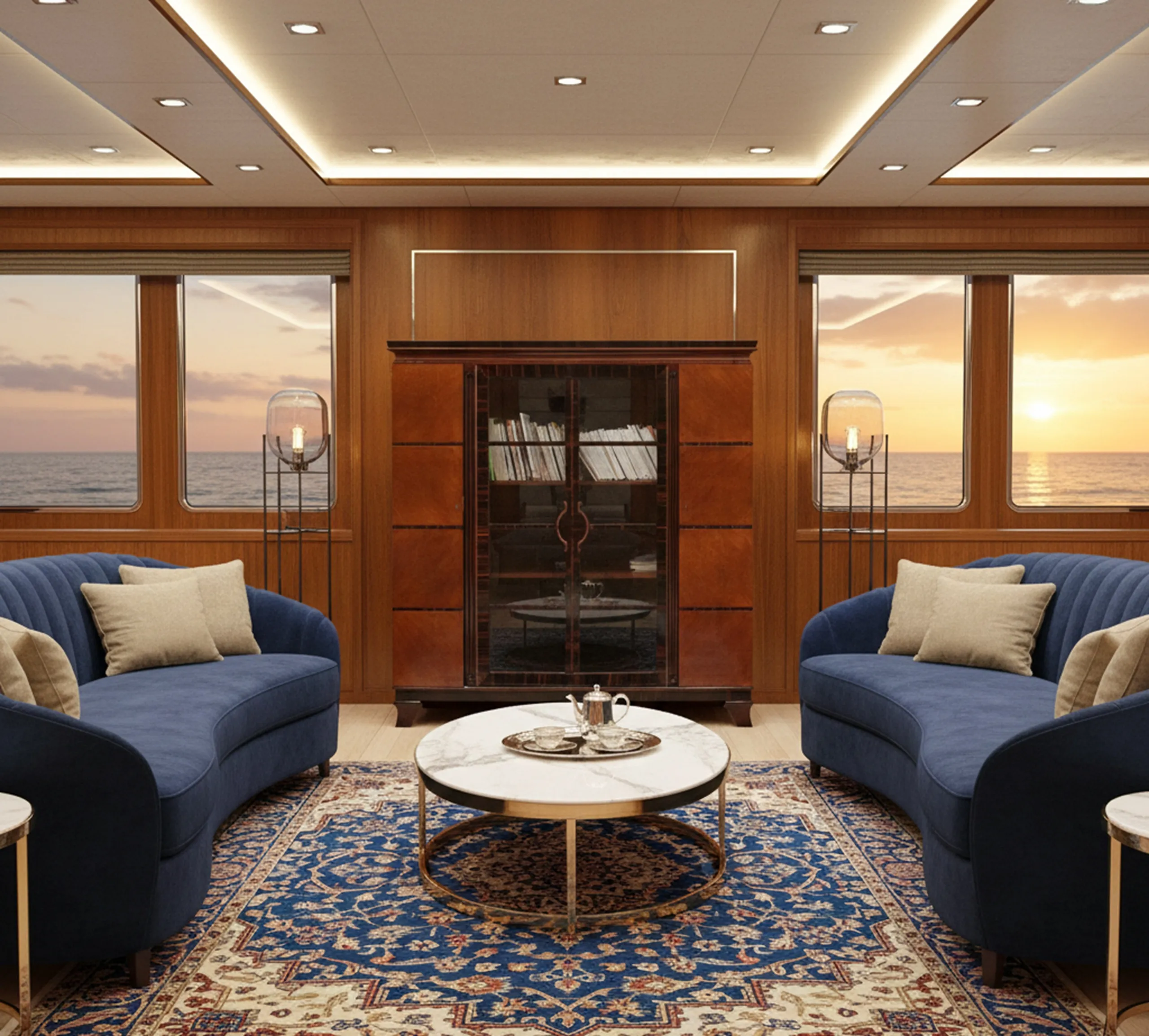 античный книжный шкаф с книгами и видом на море