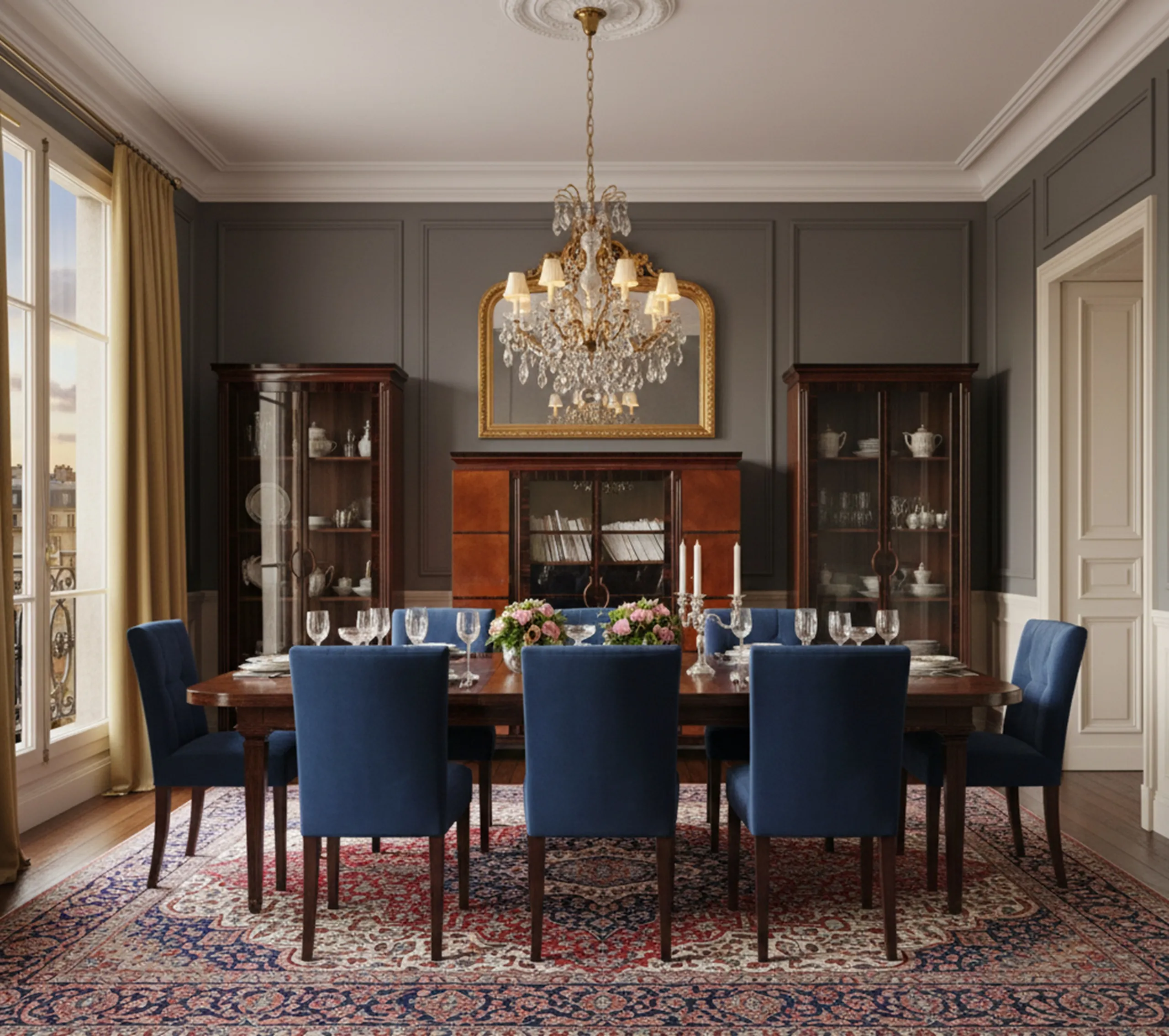 Bibliothèque antique en style classique dans une salle à manger élégante avec des fleurs.