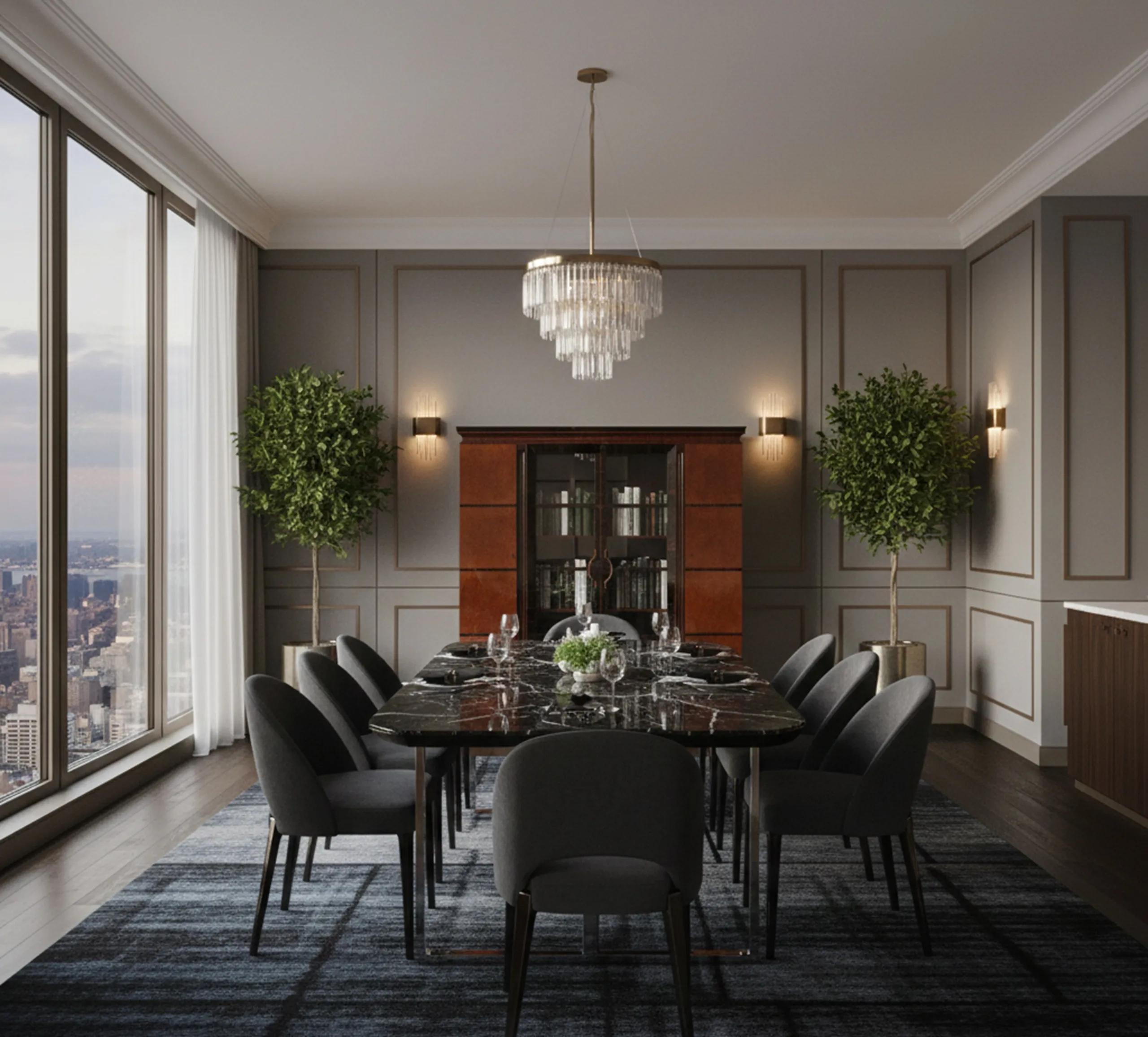 элегантный антикварный книжный шкаф в современном dining room