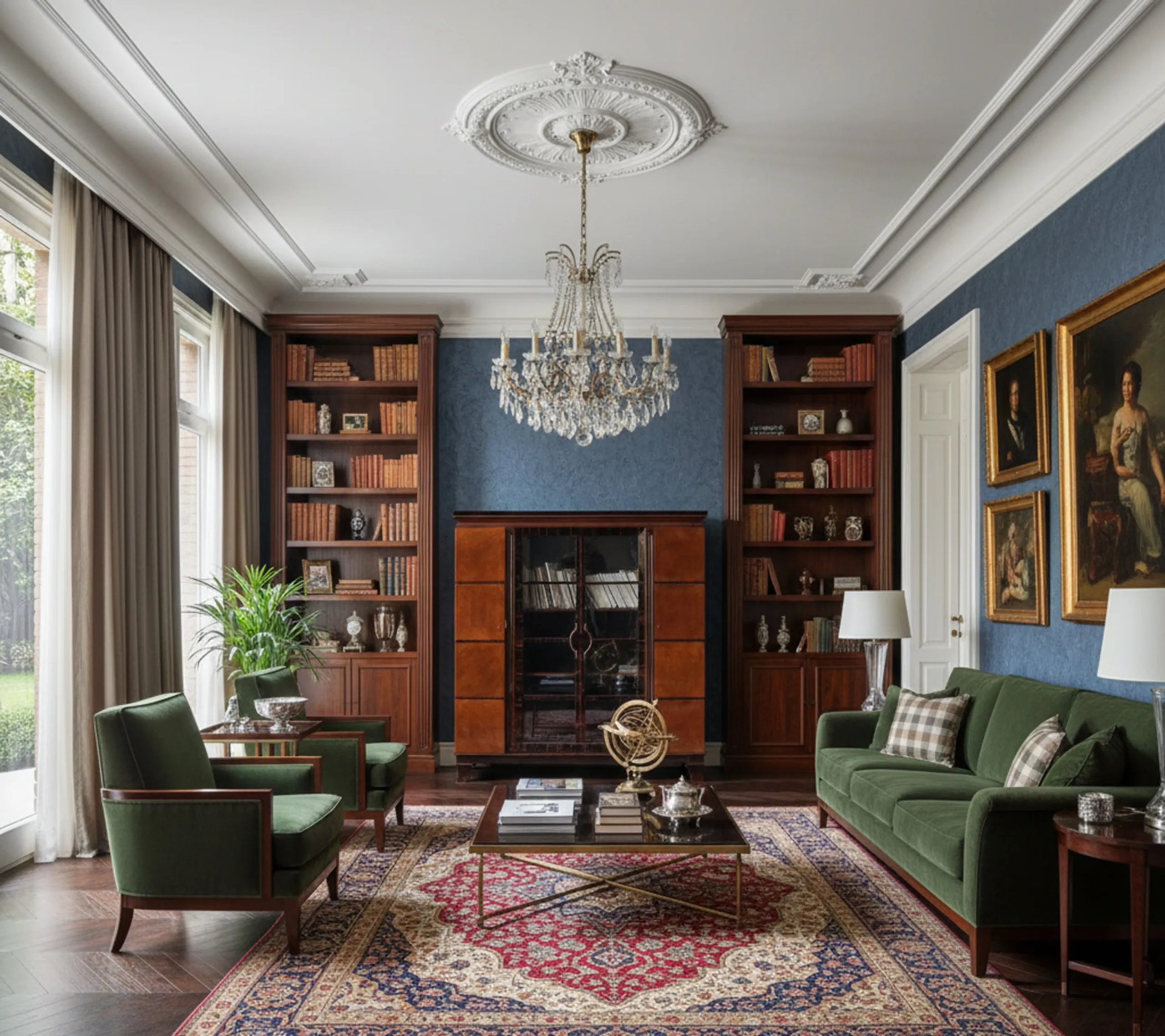 antigua biblioteca con libros, plantas y decoración elegante