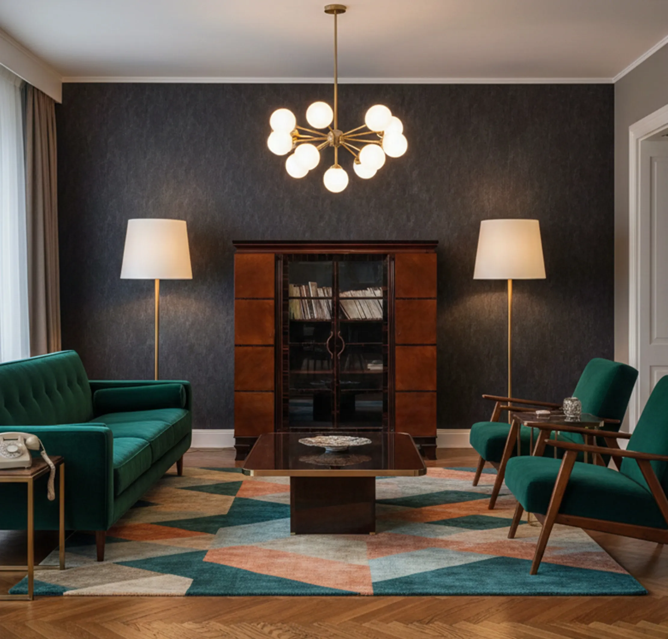 Libreria antica con libri, illuminazione elegante e mobili.