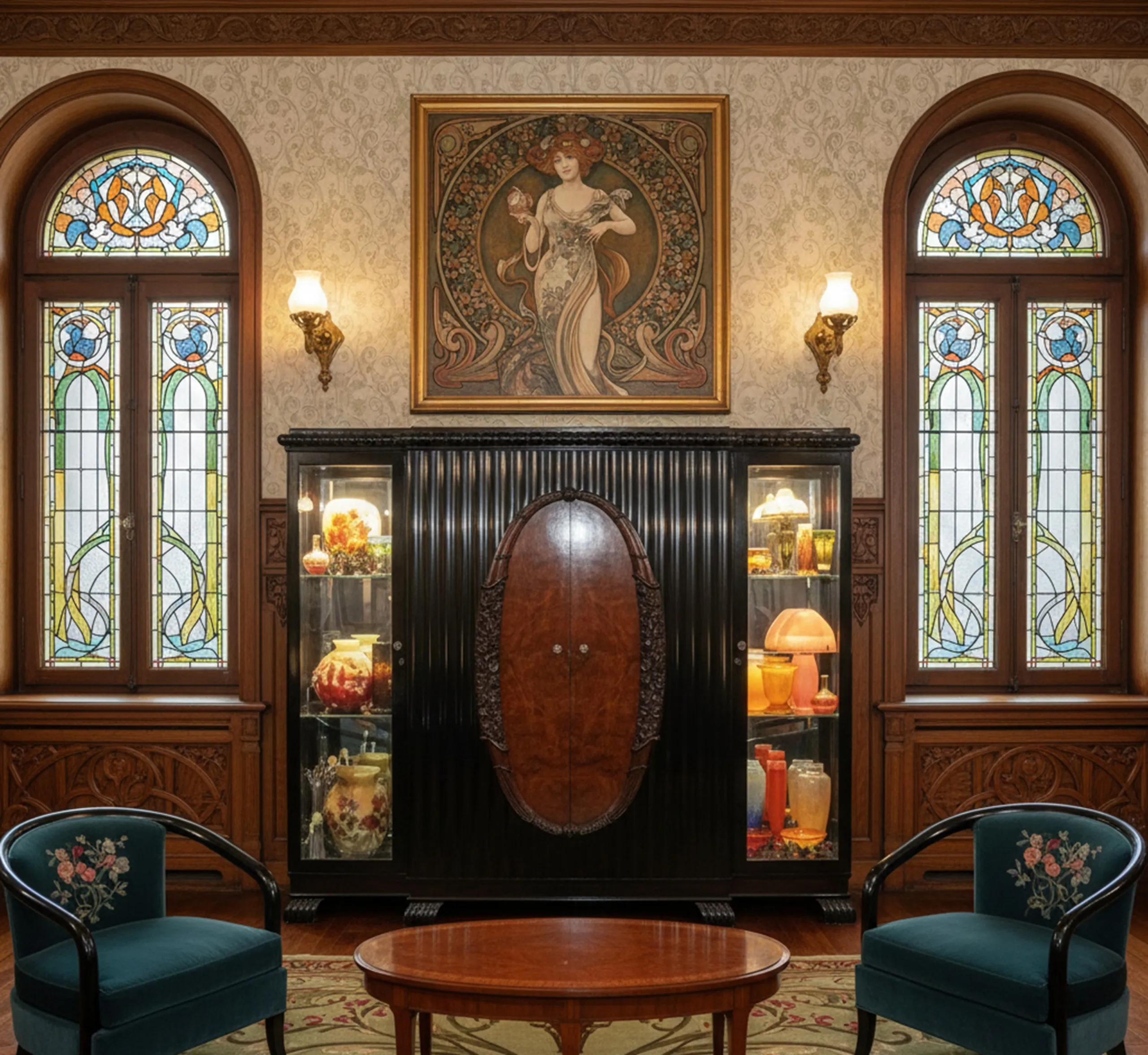 Elegante vitrine antiga com itens decorativos e iluminação suave