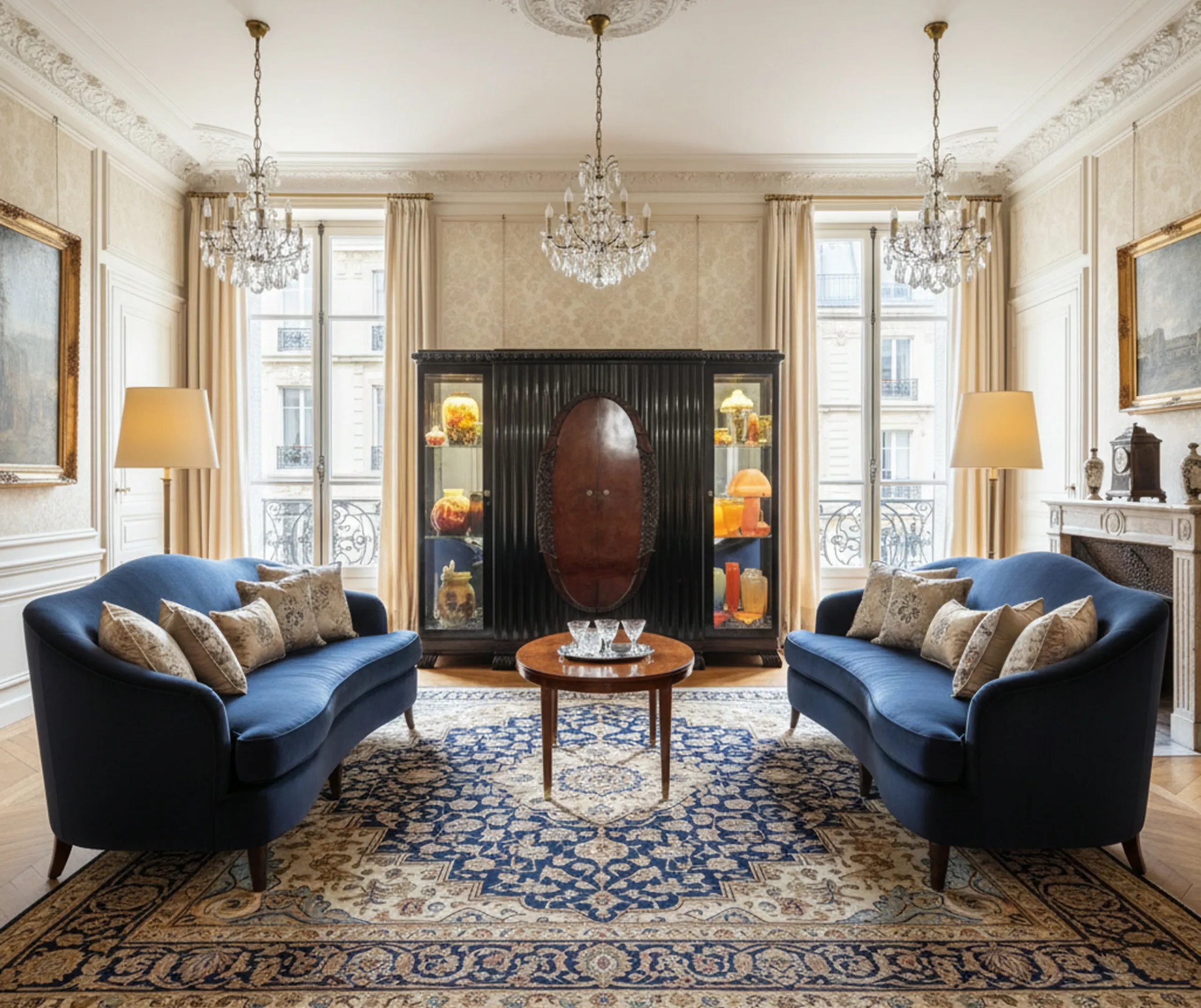 vitrine ancienne avec lampes et décor