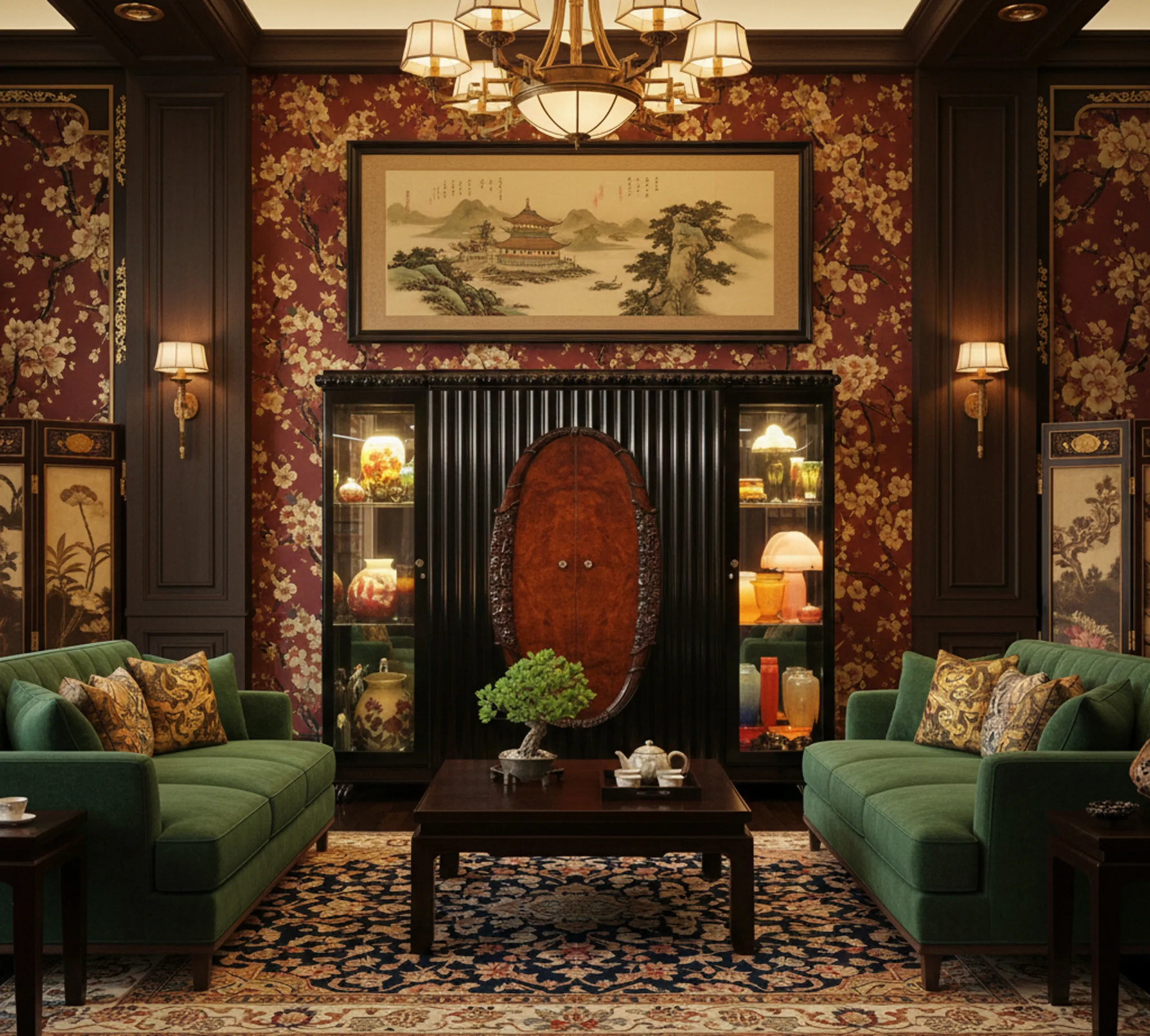 Vetrina antica che mostra ceramiche decorative e lampade.