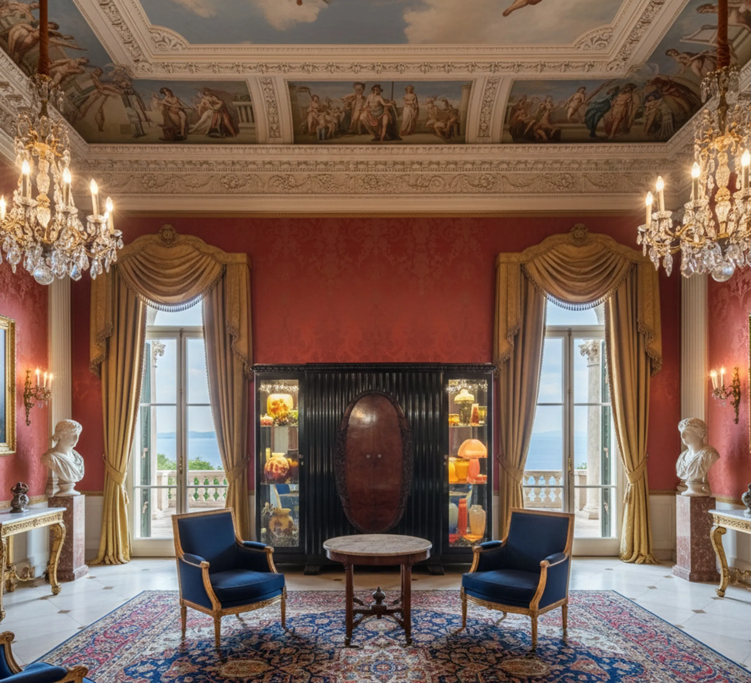 अंतिम विवरण के साथ प्राचीन डिस्प्ले कैबिनेट