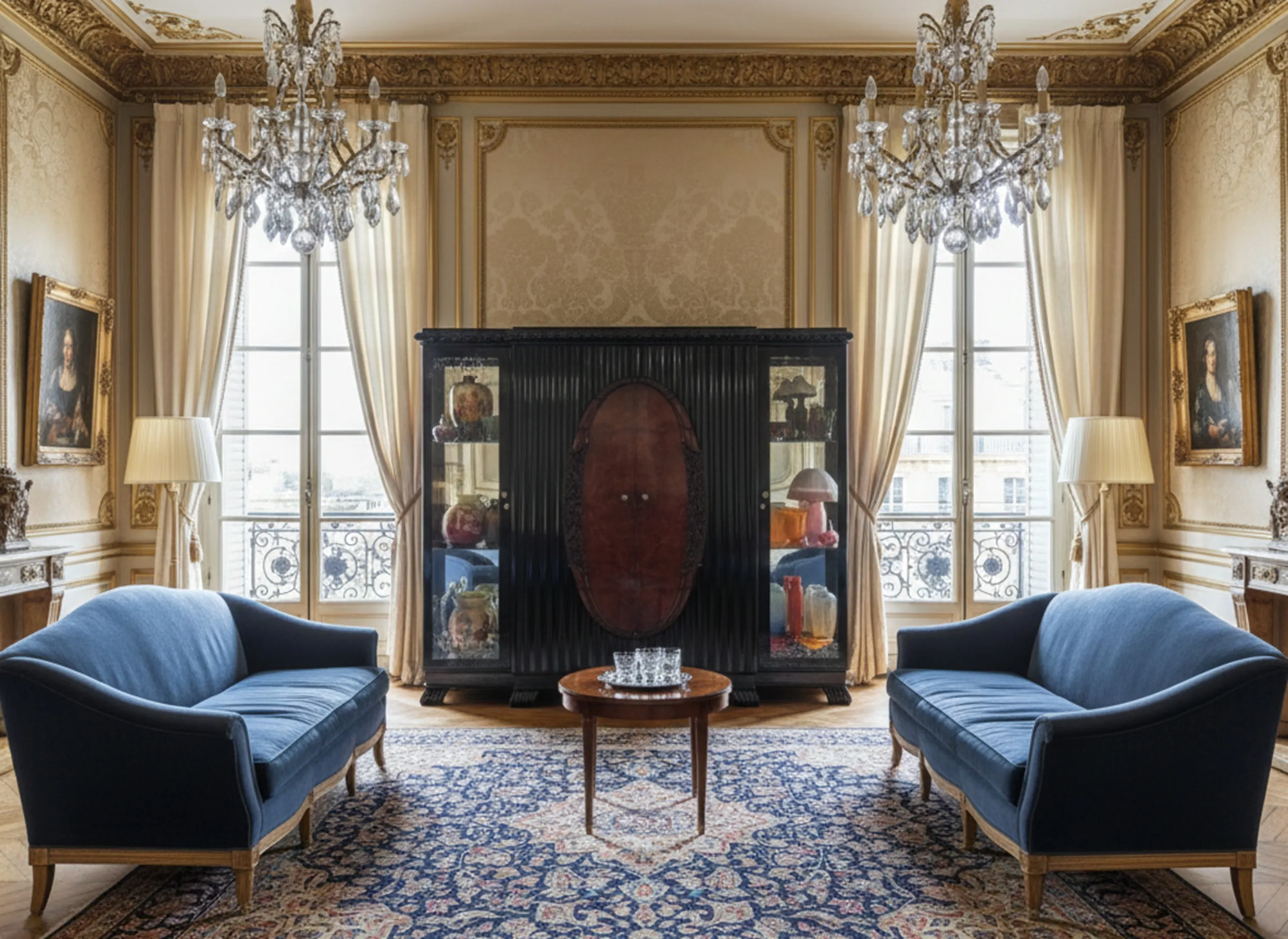 Vitrina antigua en sala elegante con lámpara y muebles