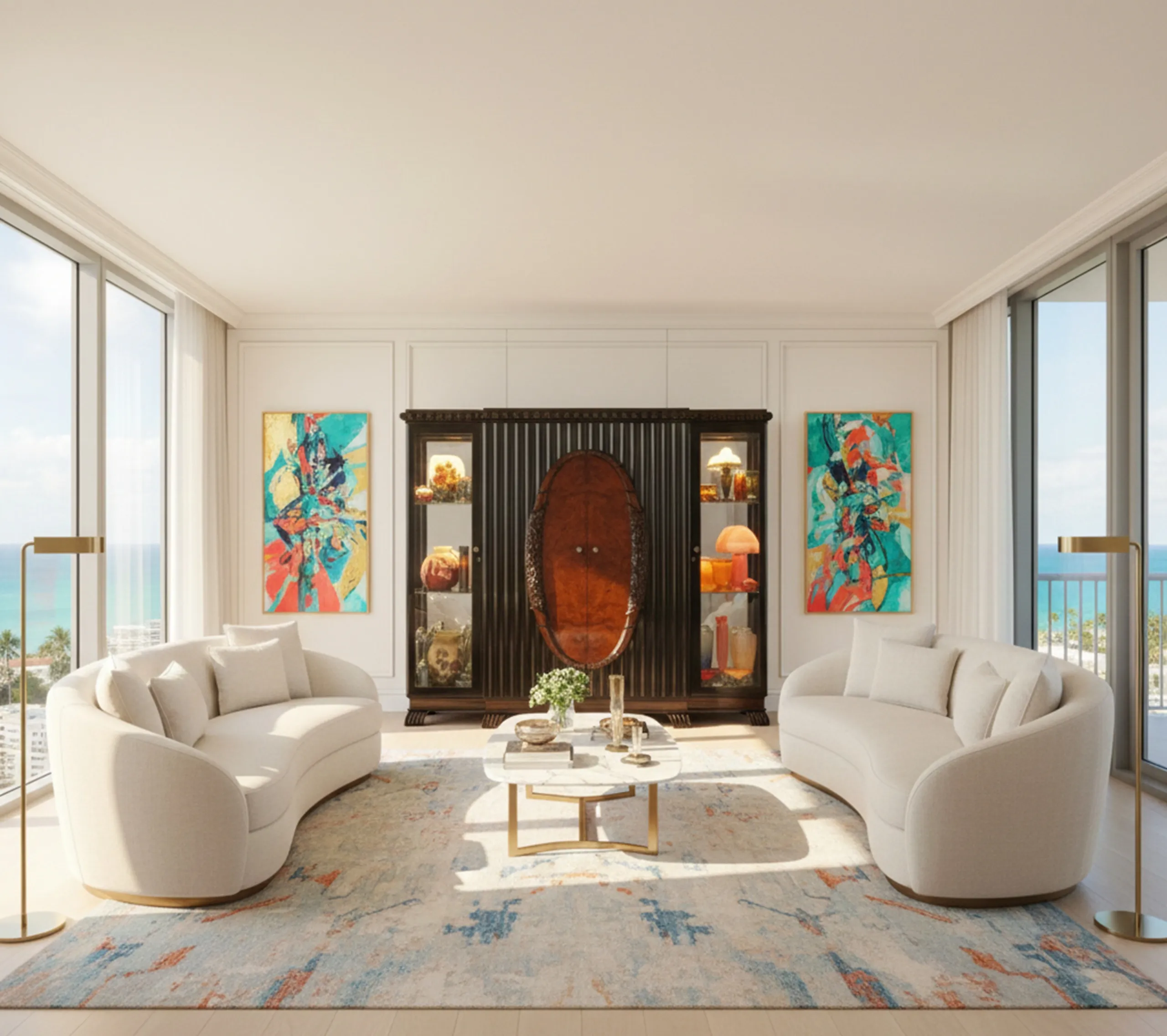 Vitrina antigua con decoraciones y objetos en exhibición, en un ambiente moderno.