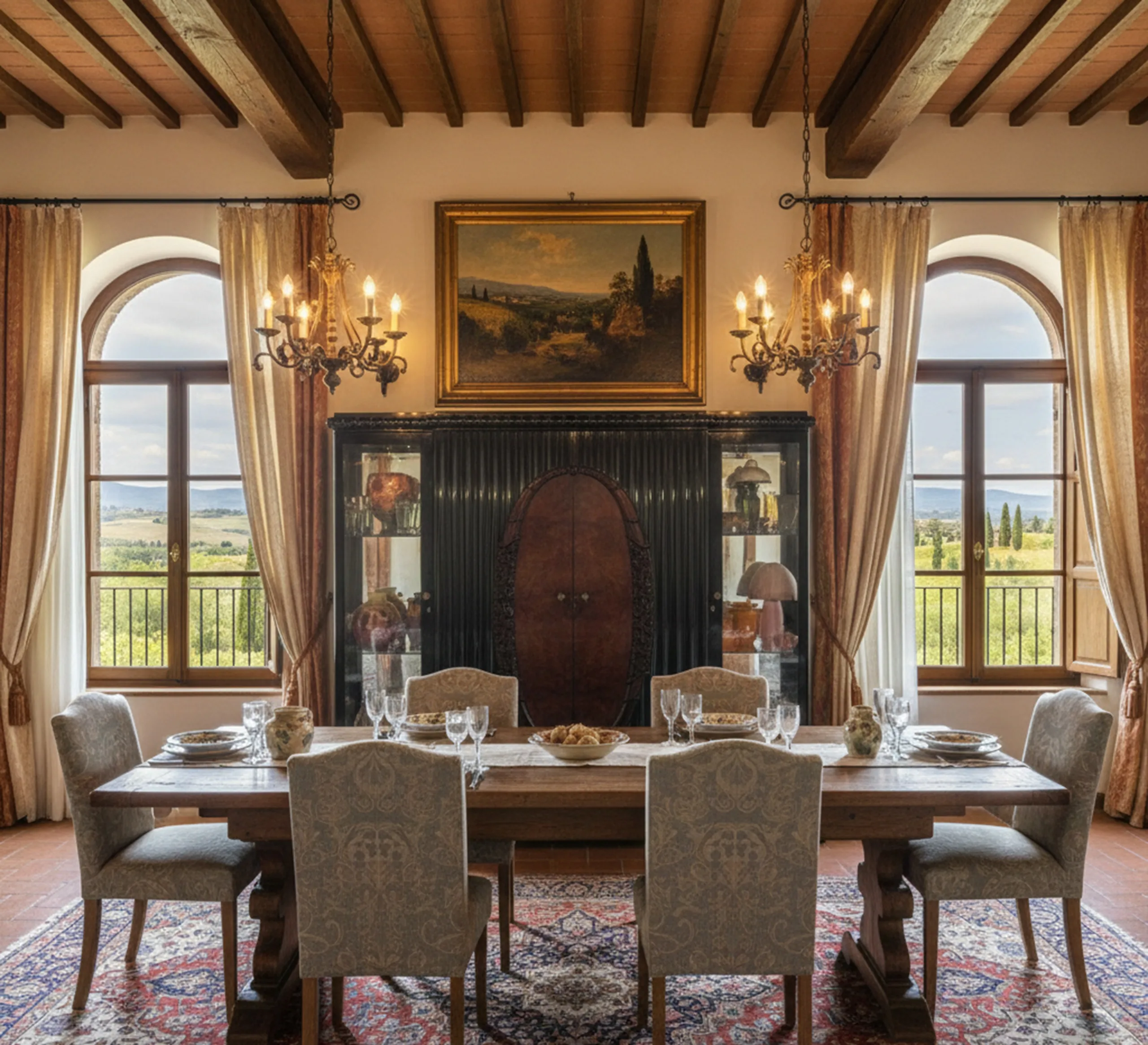 Vitrina antigua con detalles elegantes, ambientada en un comedor clásico.