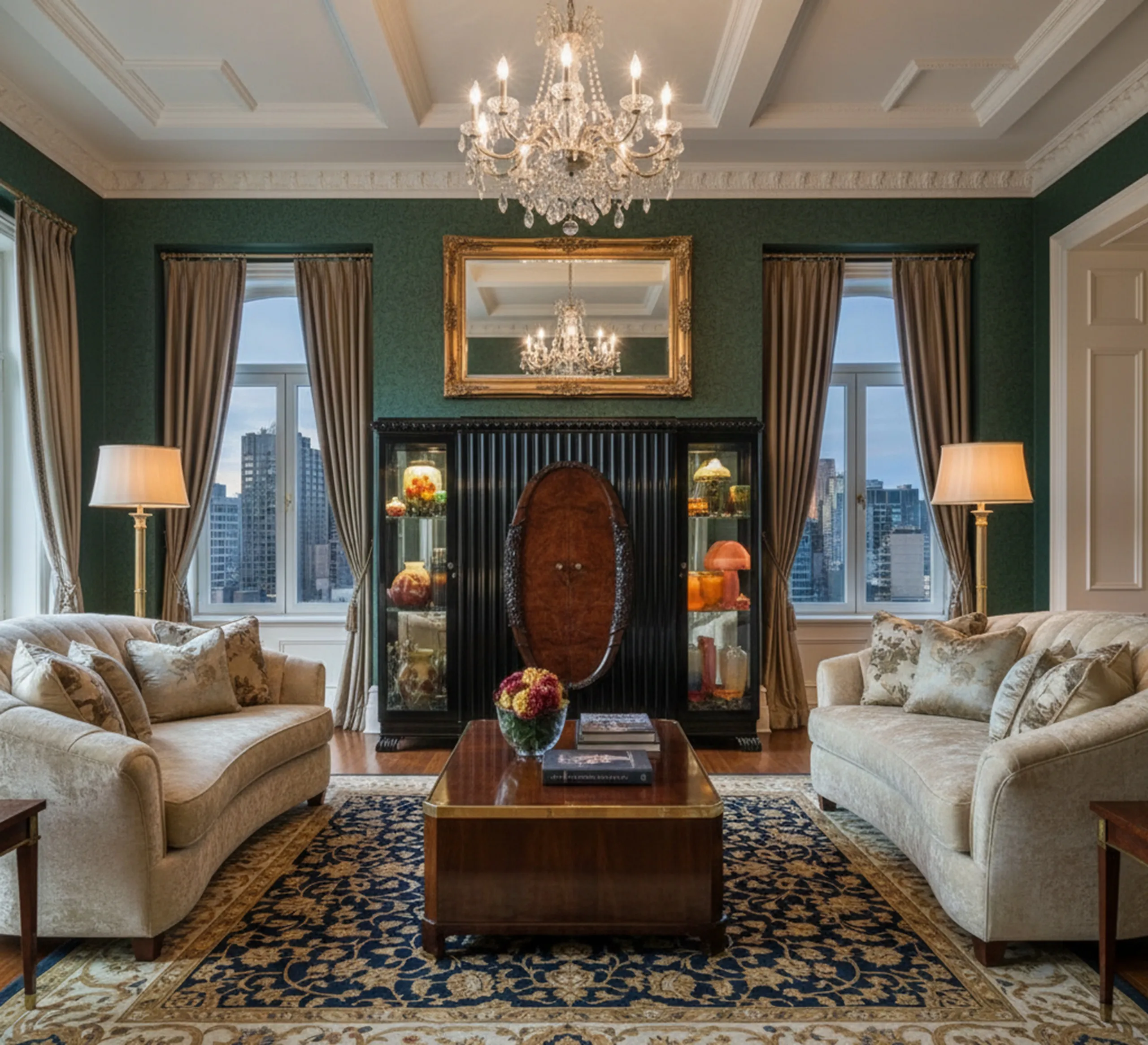 Antique display cabinet lit in a cozy room with sofas