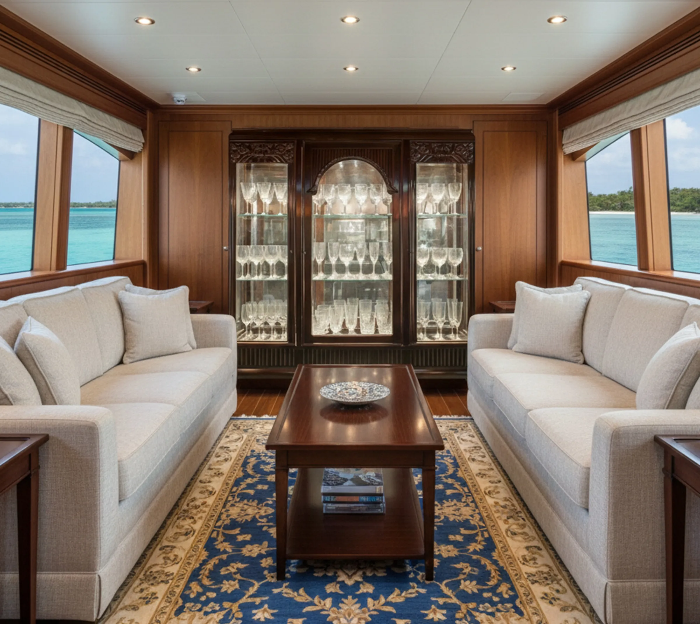 Vitrine antiga com detalhes ornamentais e vidro transparente, exibindo copos de vidro.