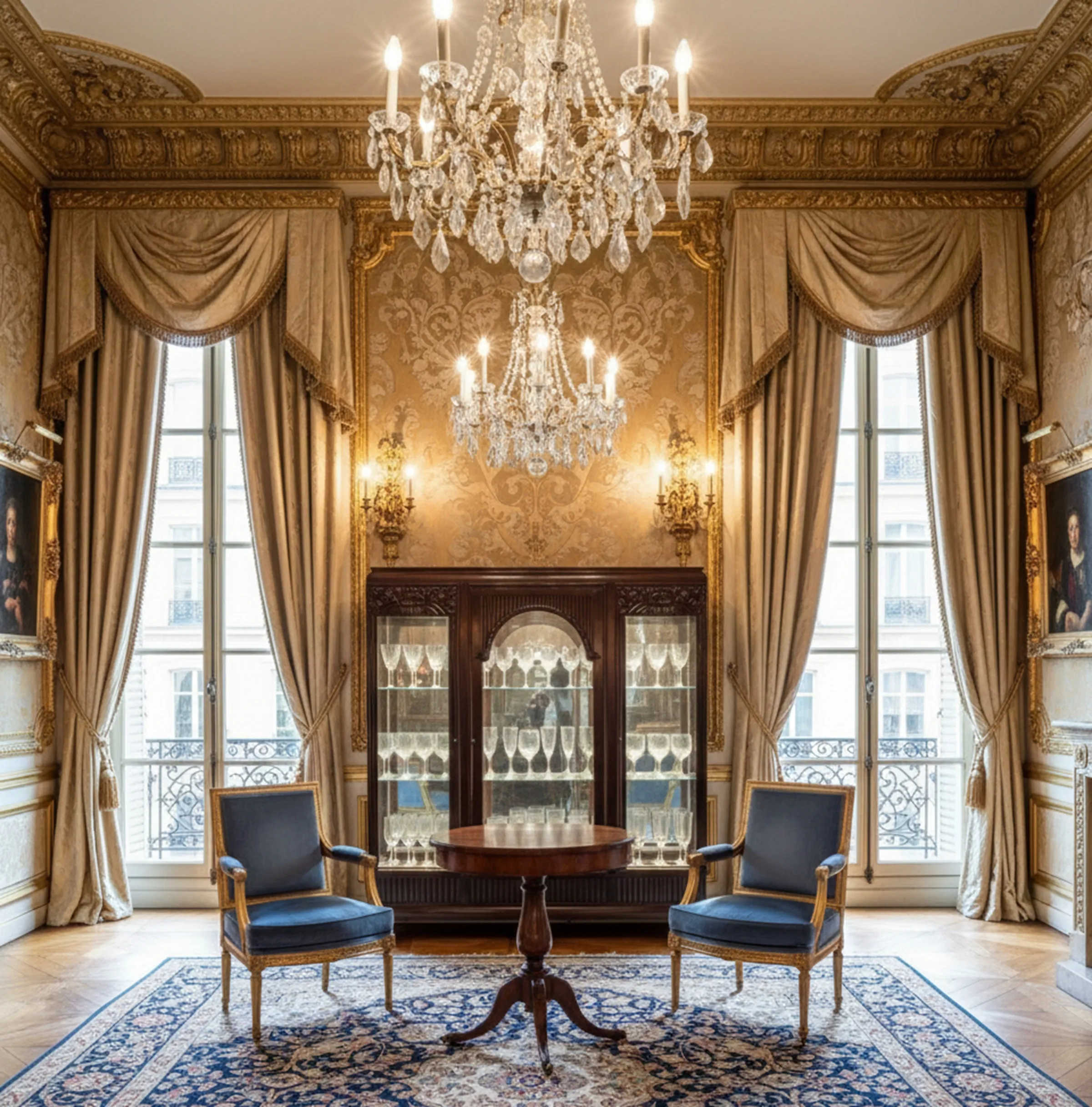 display cabinet with glass and ornate background, elegant room