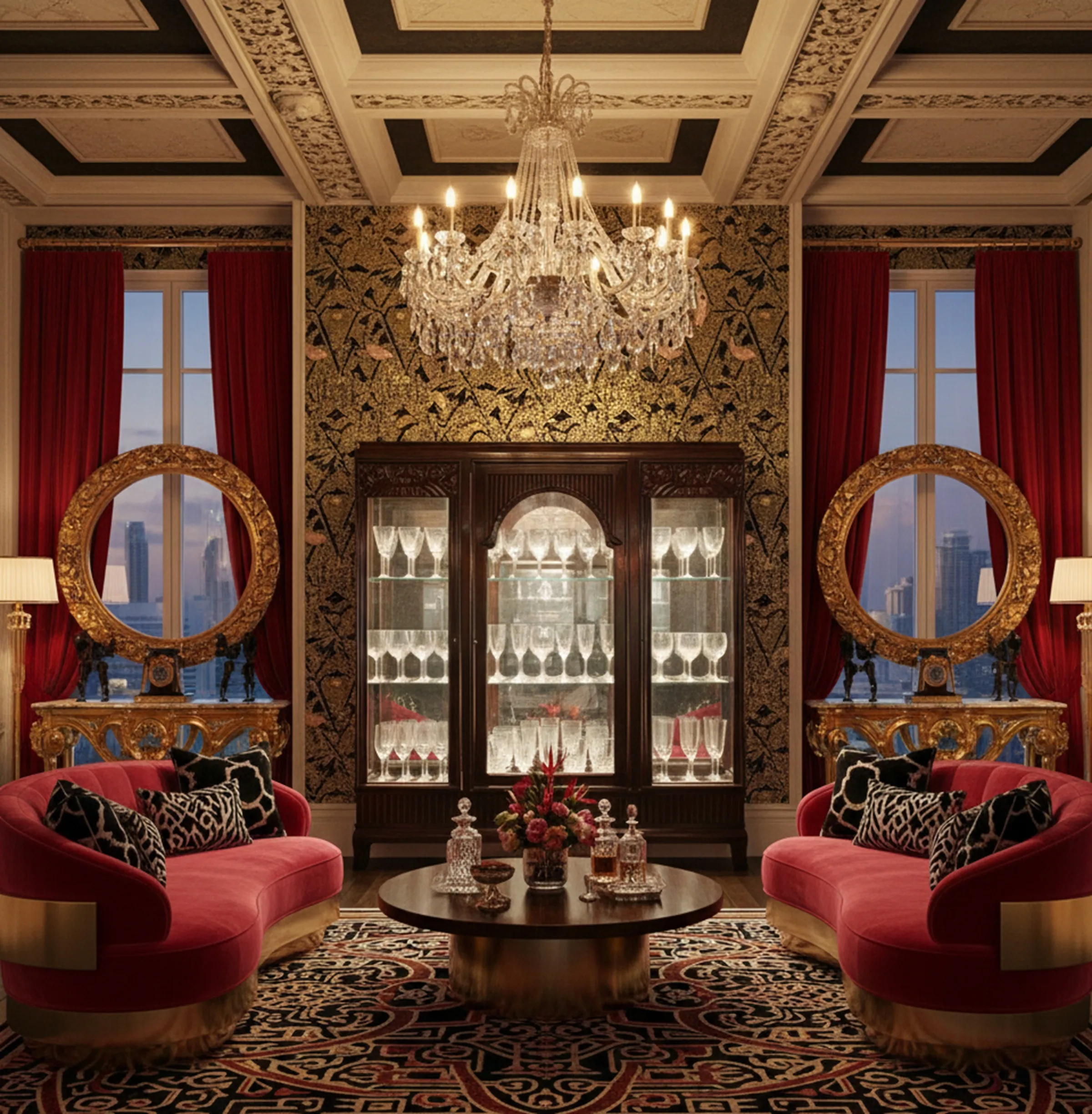 antike vitrine mit beleuchtung und glaswaren, elegante dekoration, gemütliche atmosphäre, rote sofes und couchtisch