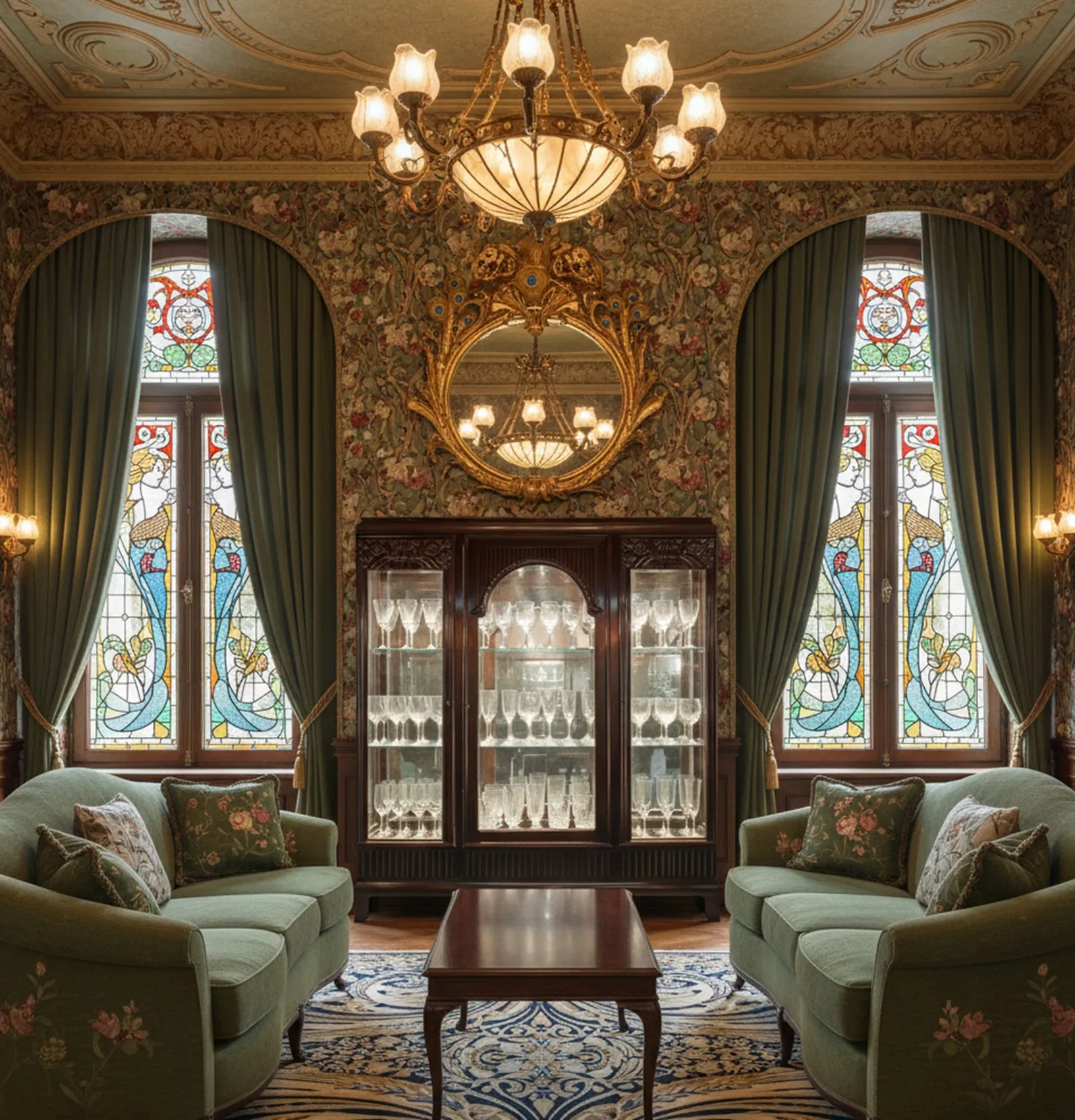 vitrine ancienne dans un salon avec décoration florale