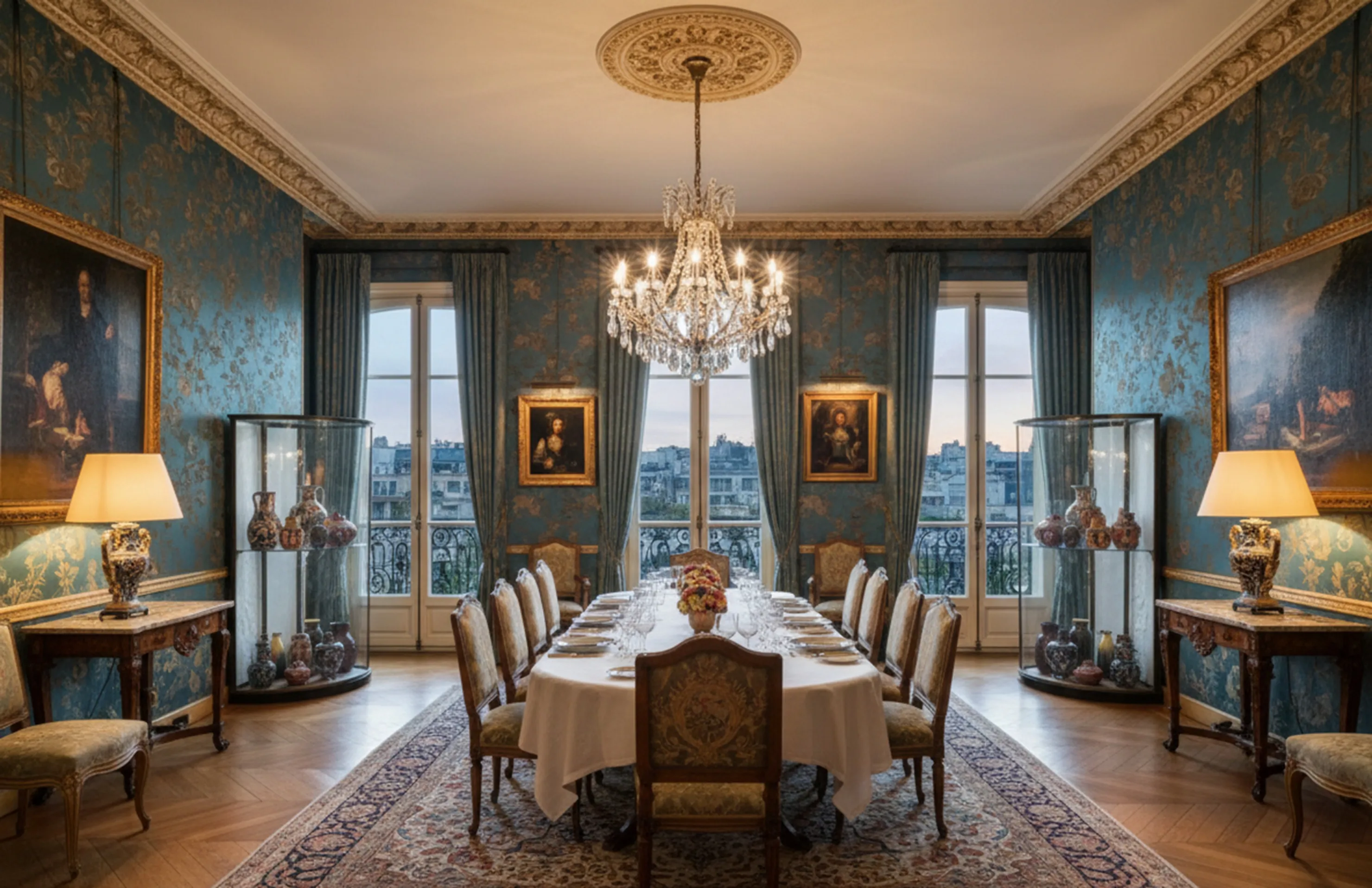 zwei antike vitrinen in einem eleganten esszimmer