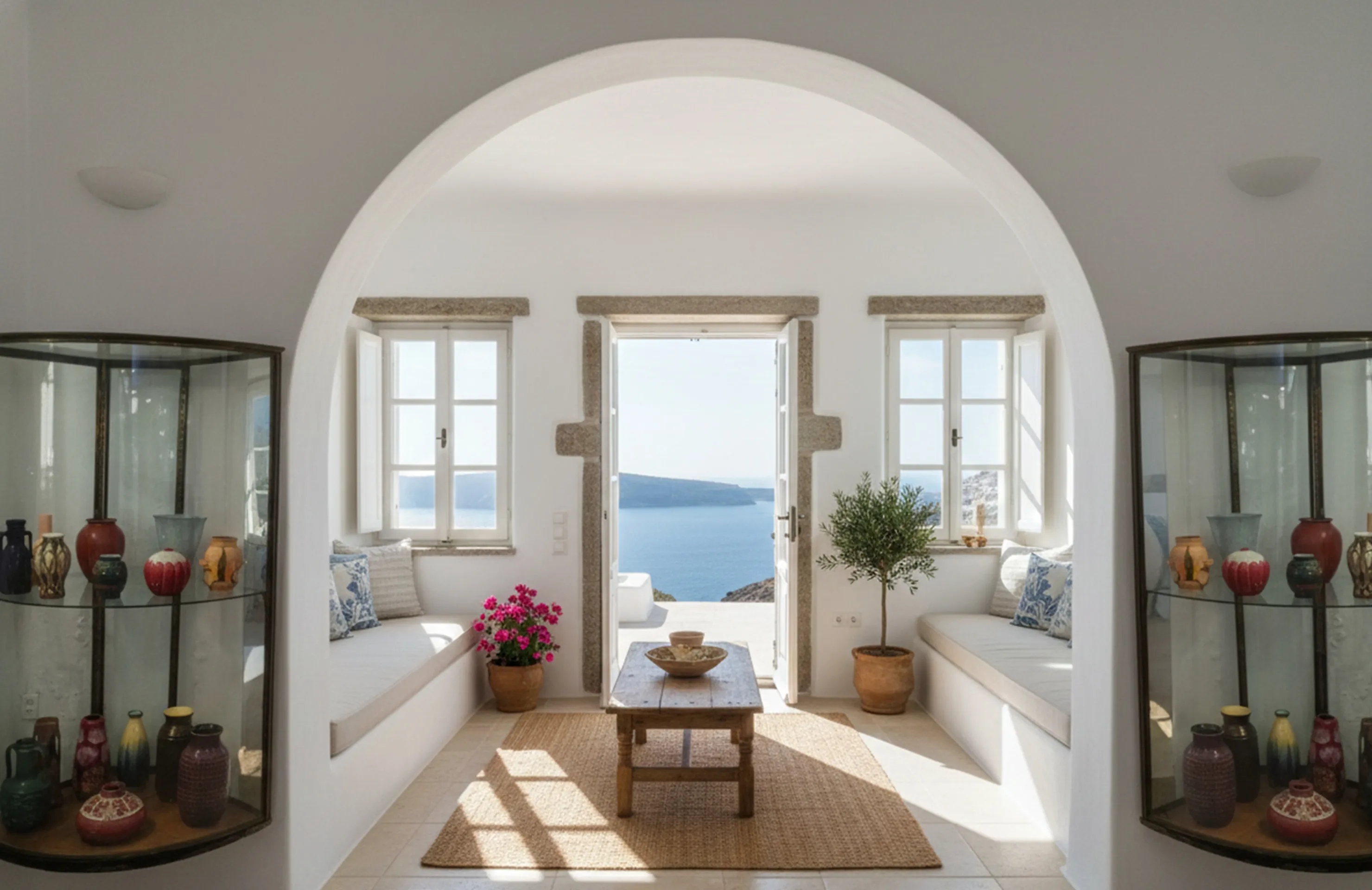 due vetrine antiche con ceramiche in una stanza luminosa