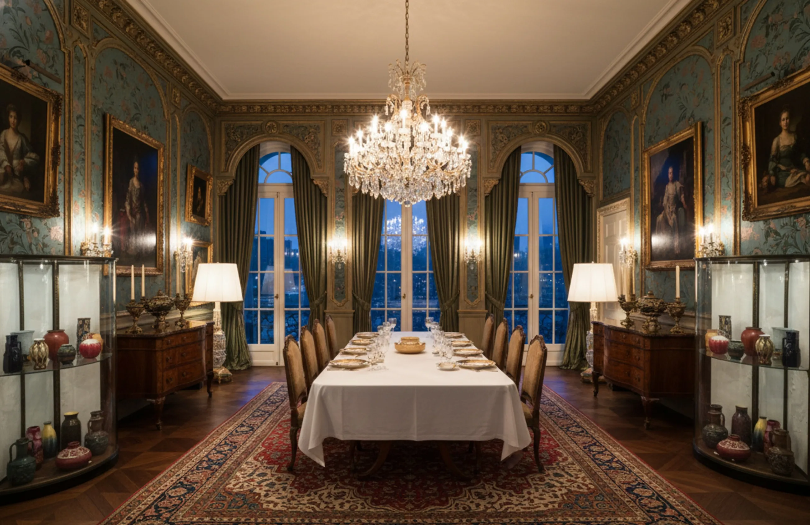 2 vitrines anciennes dans une salle à manger élégante avec décor classique