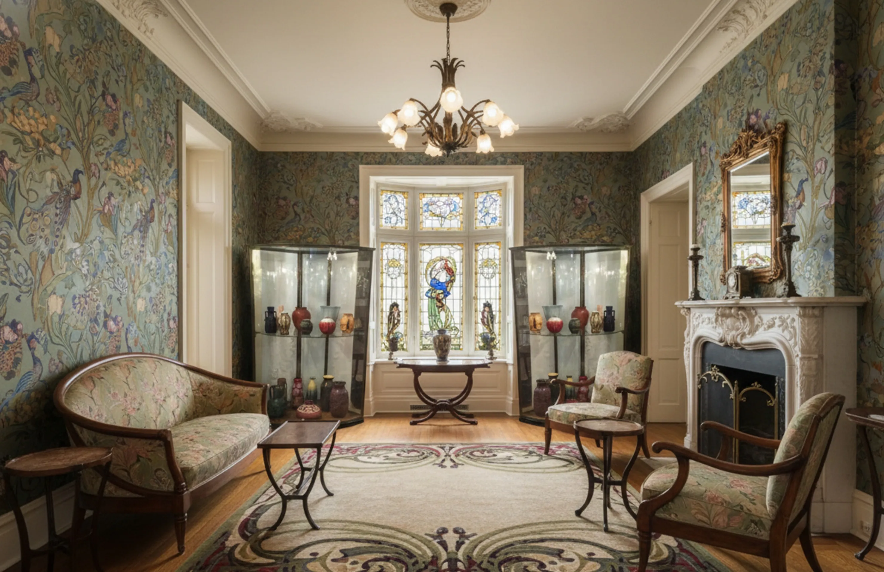 two antique display cabinets in a room with floral decor