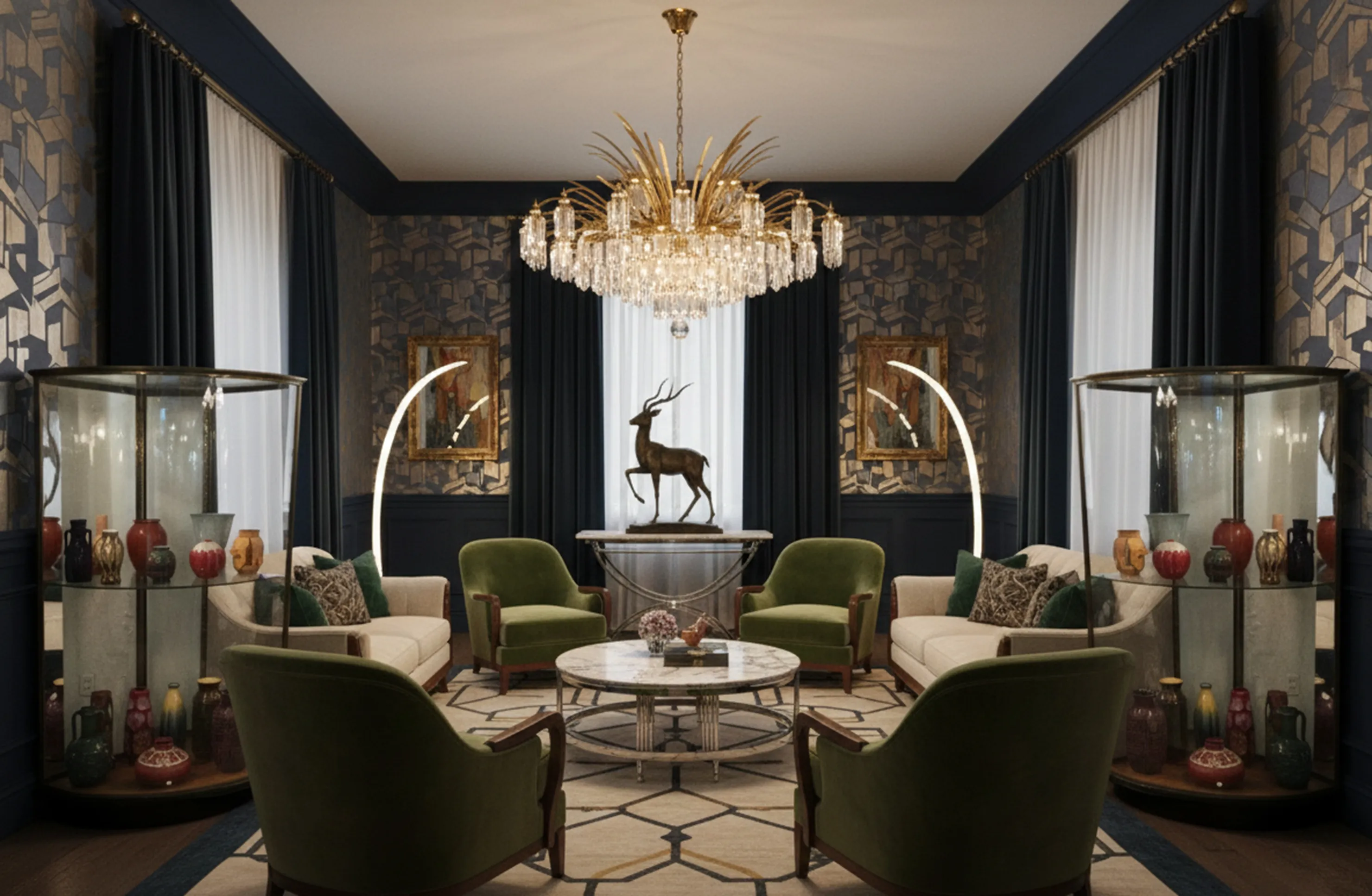 duas vitrines antigas em um ambiente elegante com poltronas verdes e mesa de centro