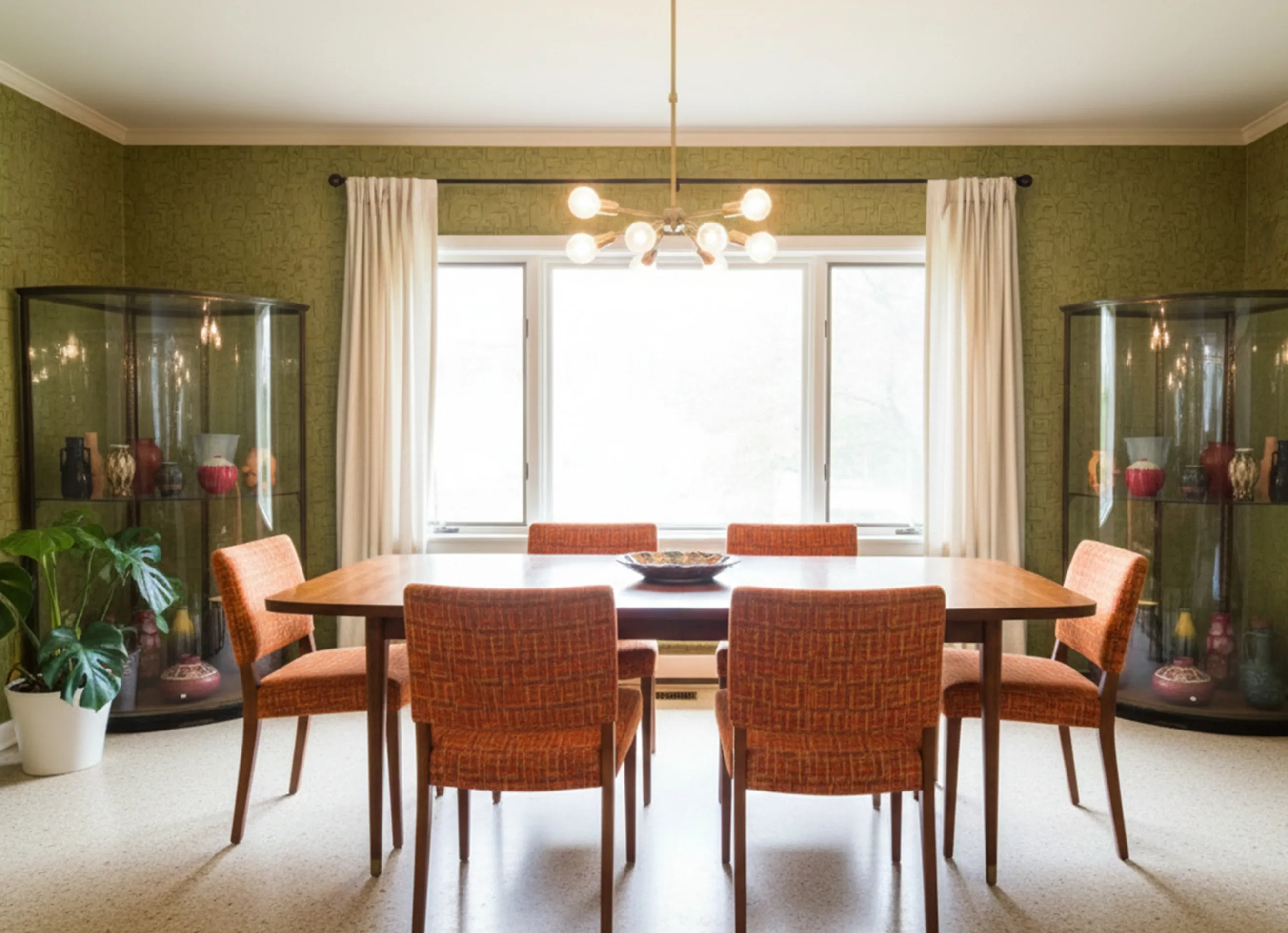 Vue de deux vitrines anciennes dans une salle à manger décorée avec des chaises orange