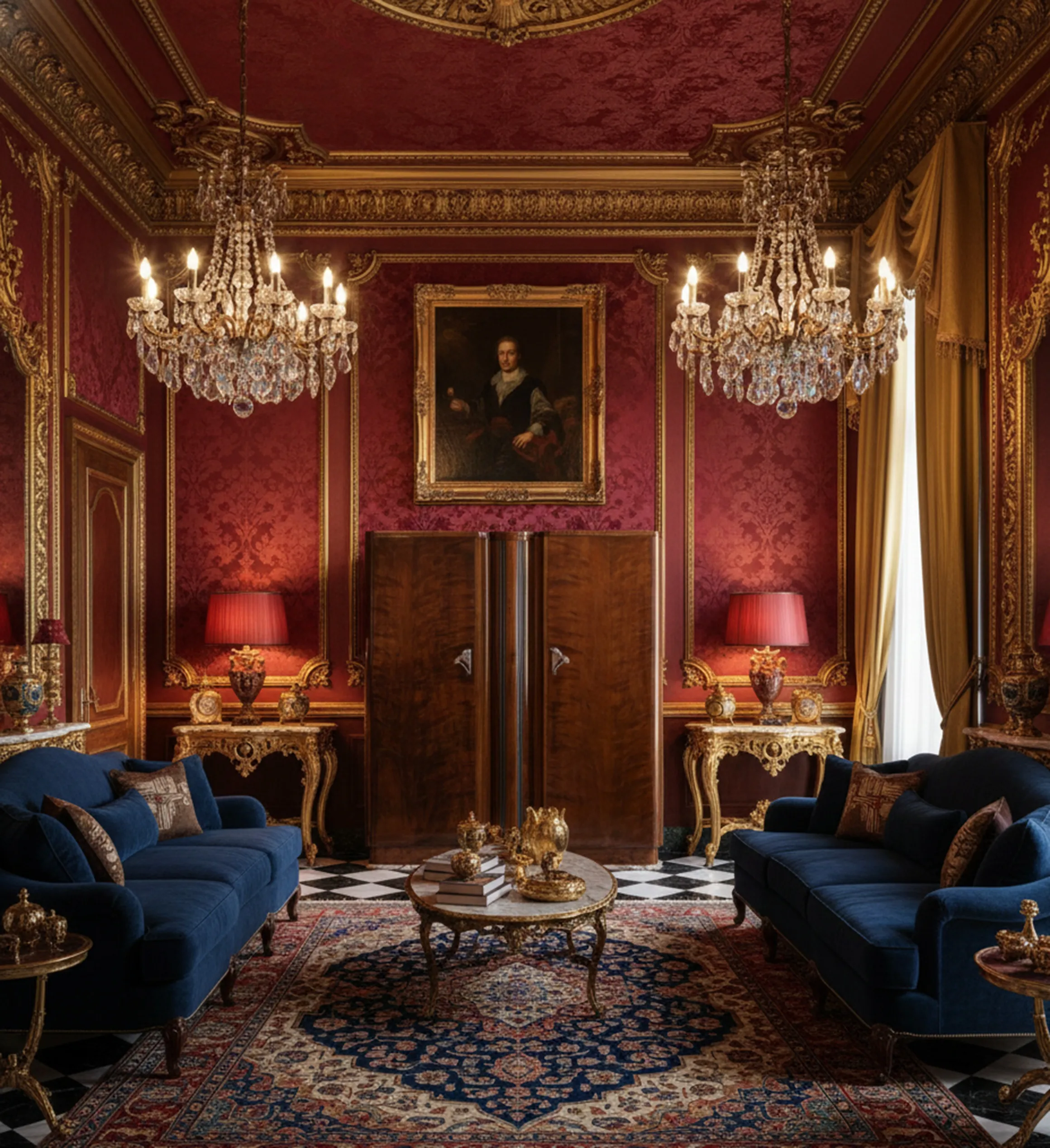 Mueble Bar antiguo con luz en un elegante salón clásico.