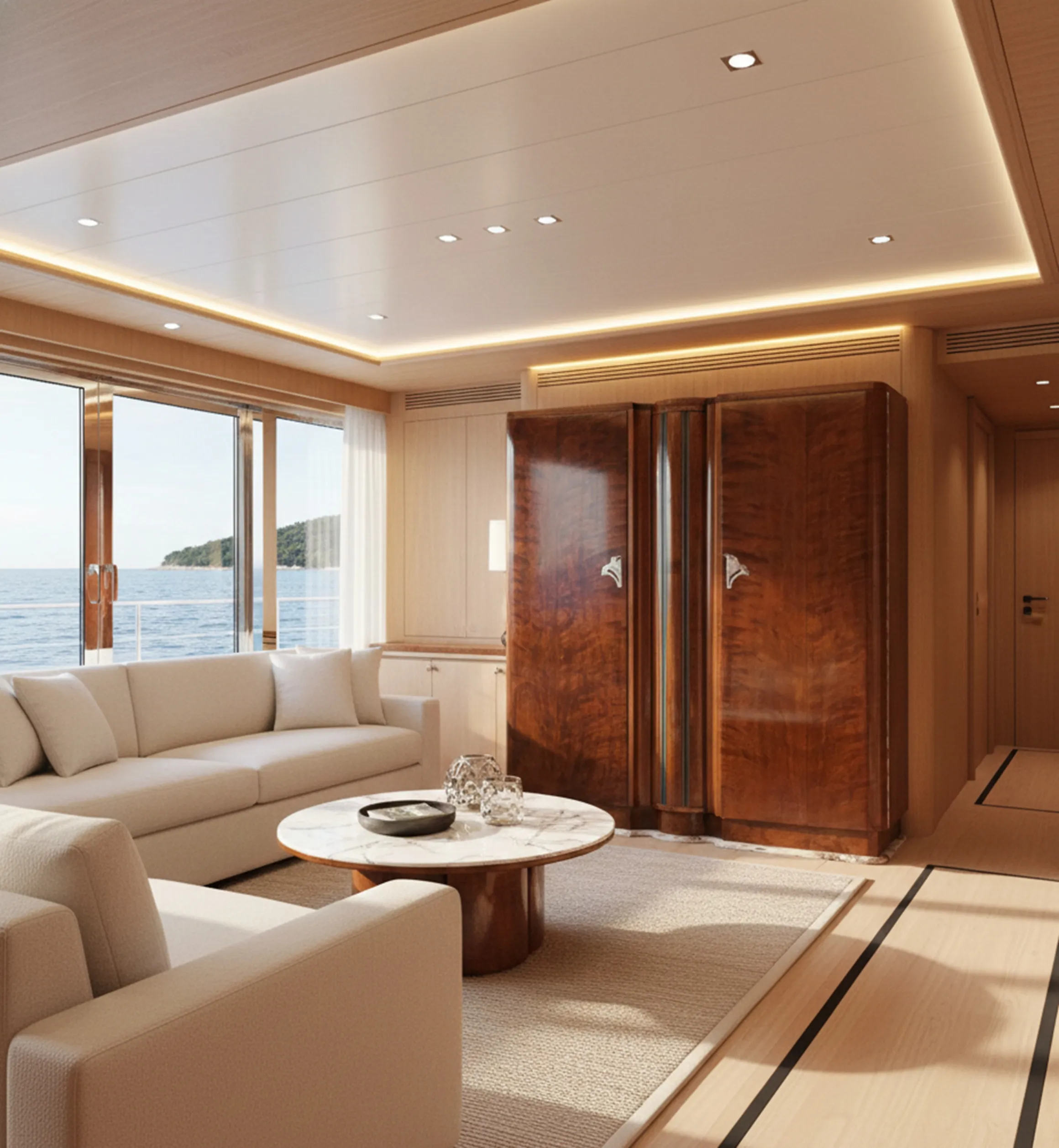 meuble bar ancien avec éclairage, dans un cadre élégant à côté d'un canapé et d'une table