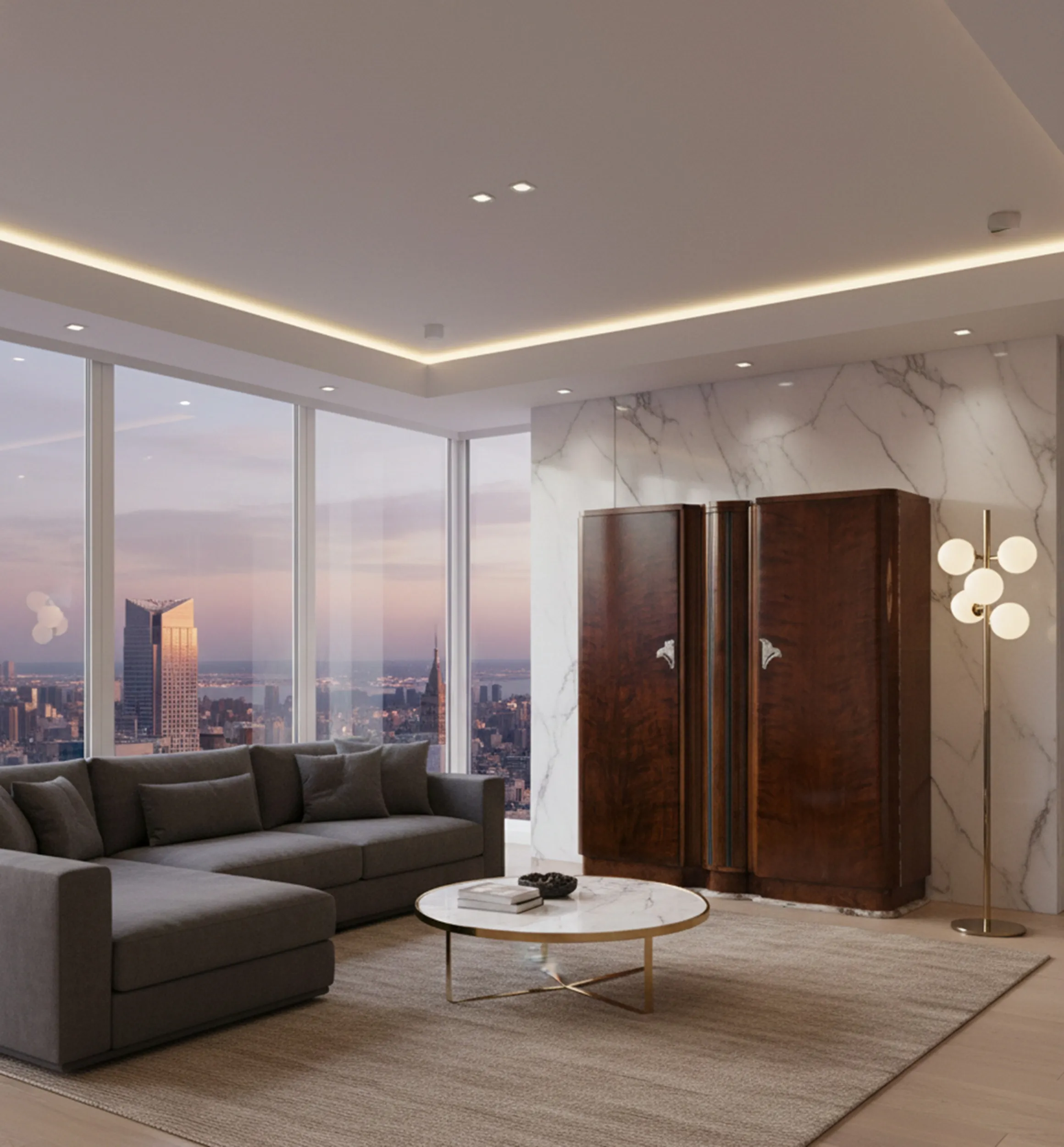 Antiker Cocktailschrank mit Licht in einem modernen Wohnzimmer mit grauem Sofa