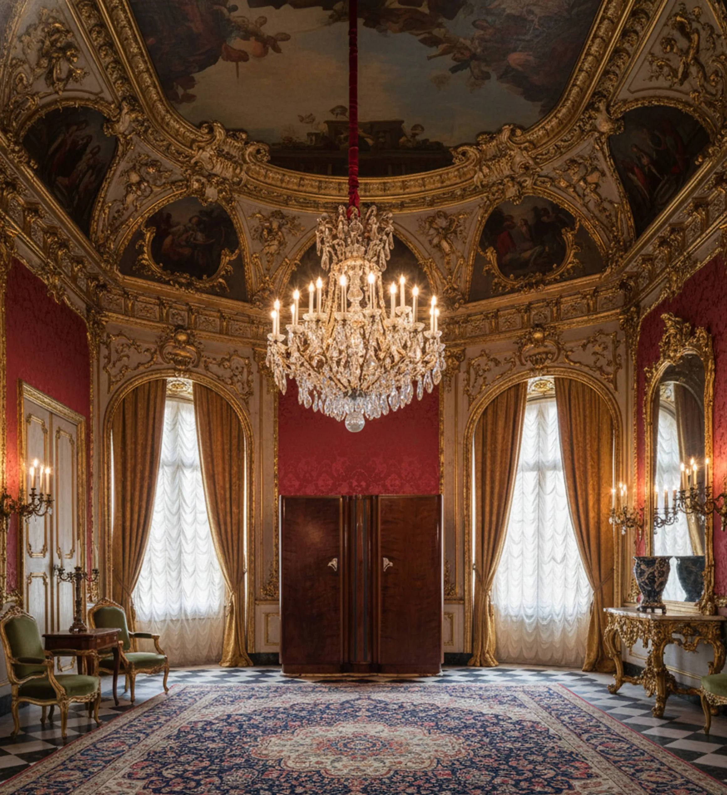 meuble bar ancien avec lumière dans un salon élégant