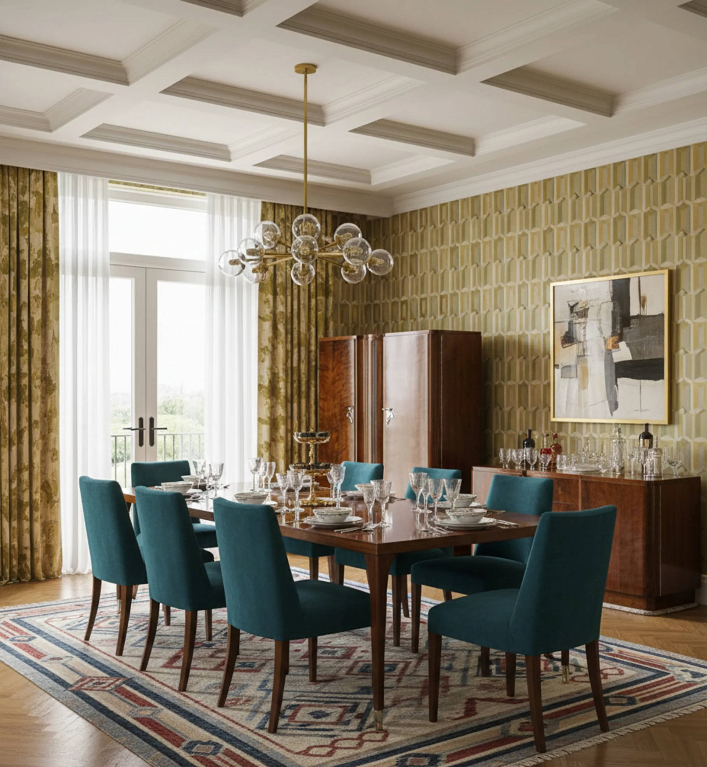 Antiker Cocktailschrank mit Licht in einem eleganten Esszimmer mit luxuriösem Dekor.