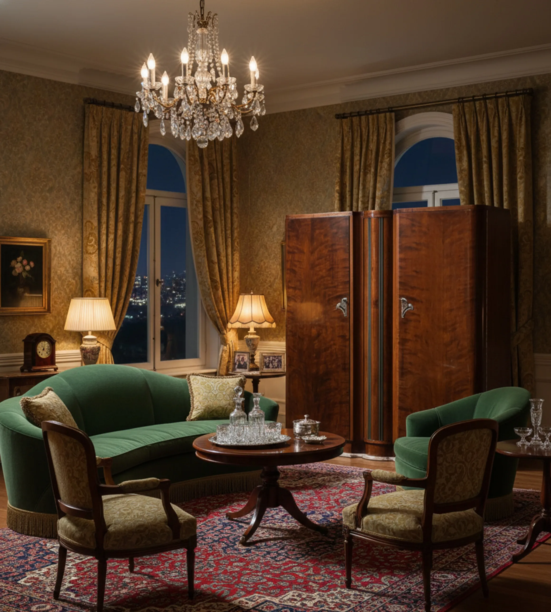 meuble à cocktail ancien en bois avec lumière dans une pièce élégante