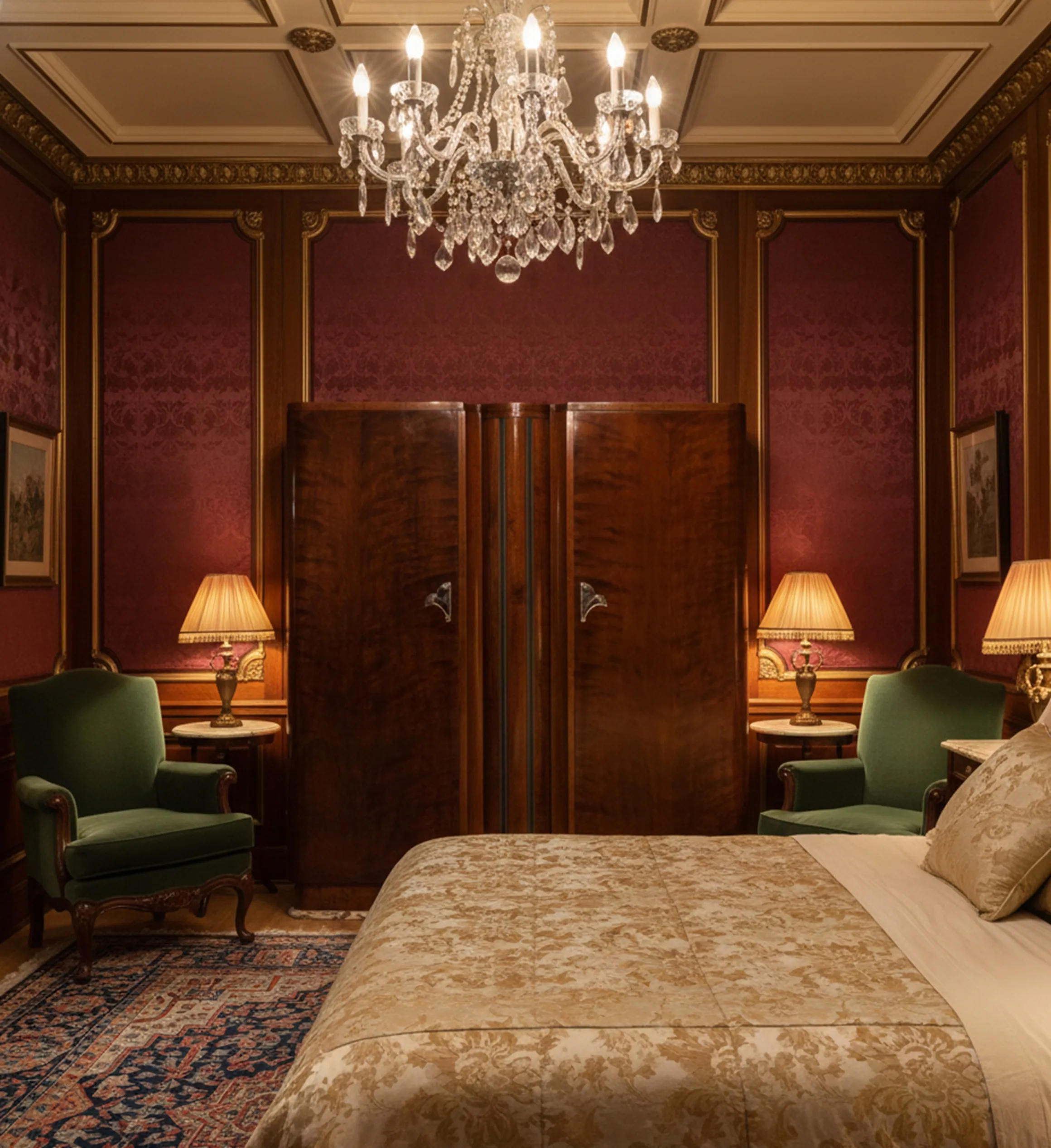 Antique bar with light in elegant setting with green chairs.