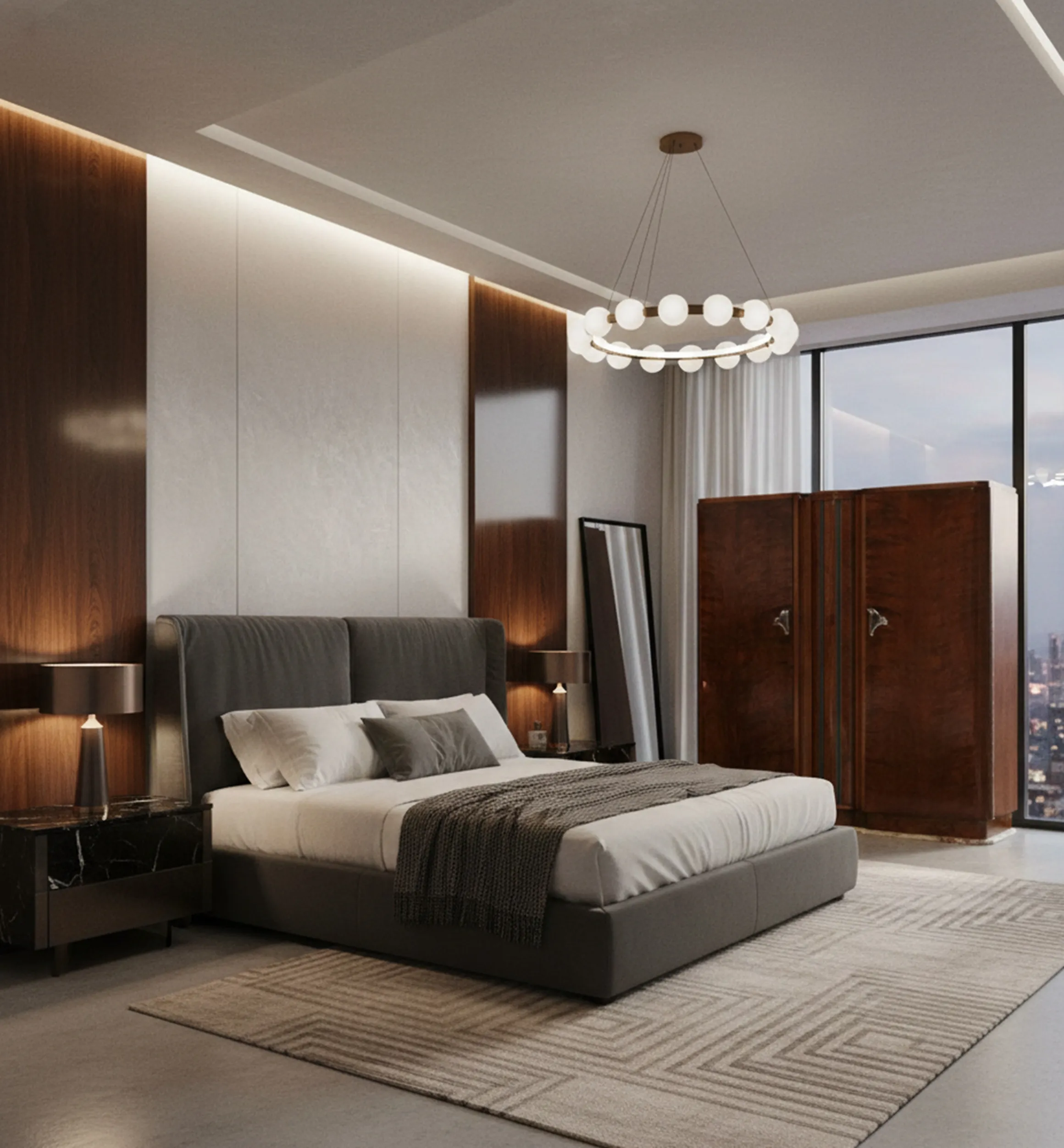 Meuble bar ancien avec lumière dans une chambre élégante et moderne, avec des détails décoratifs.