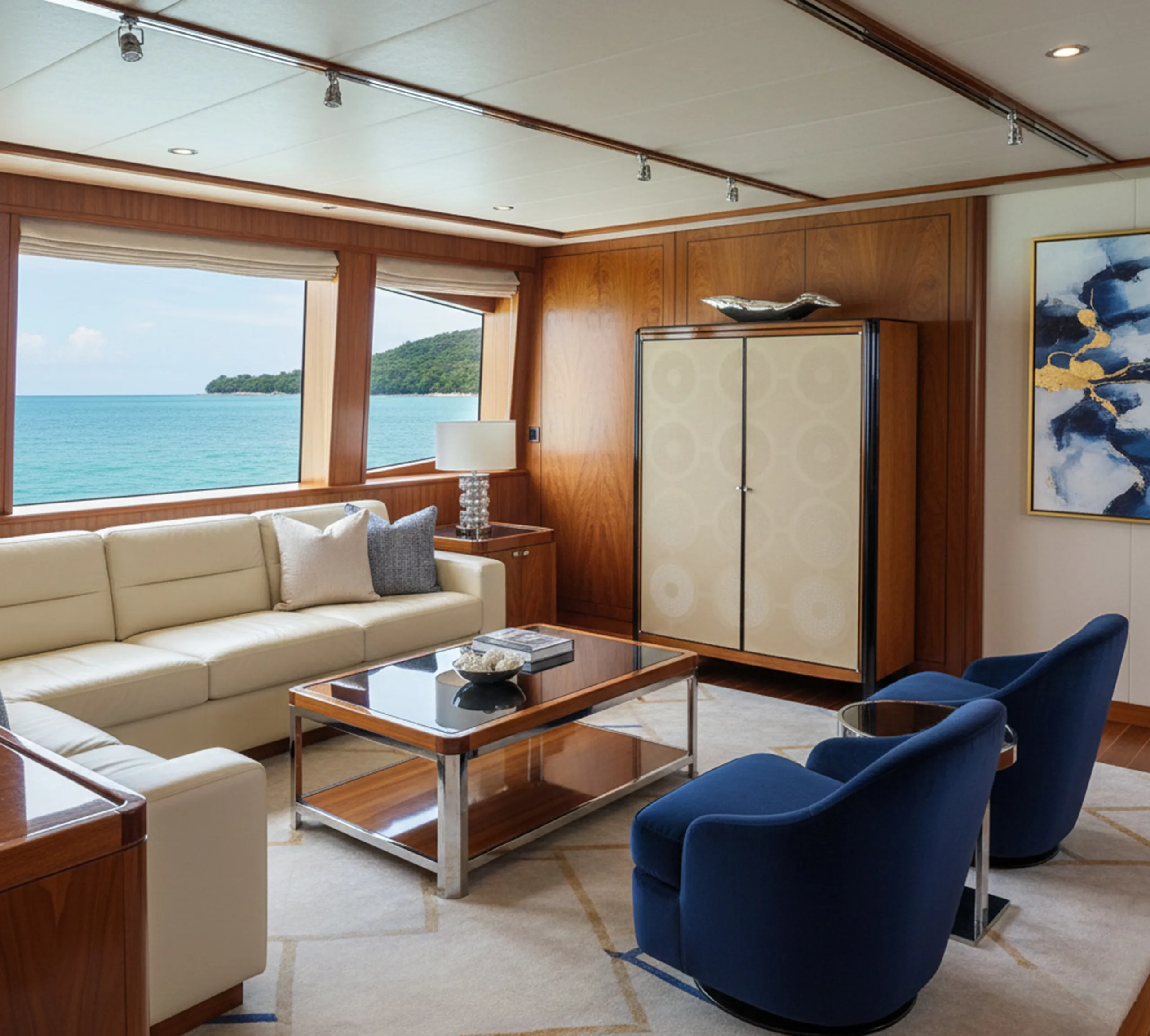 Bibliothèque ancienne dans une chambre moderne avec vue sur la mer.