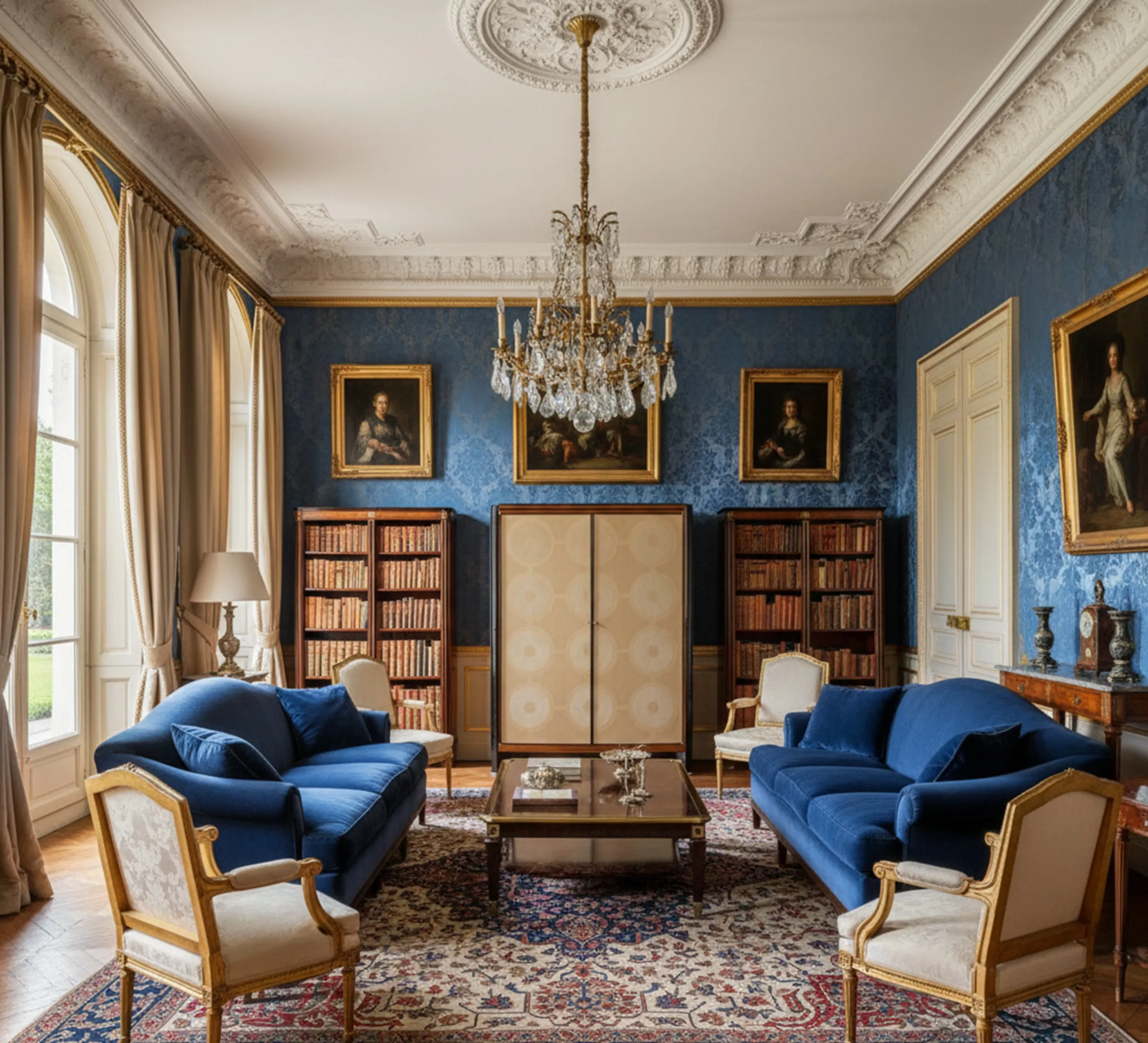 Biblioteca antigua con libros en un salón elegante, decorada con cuadros