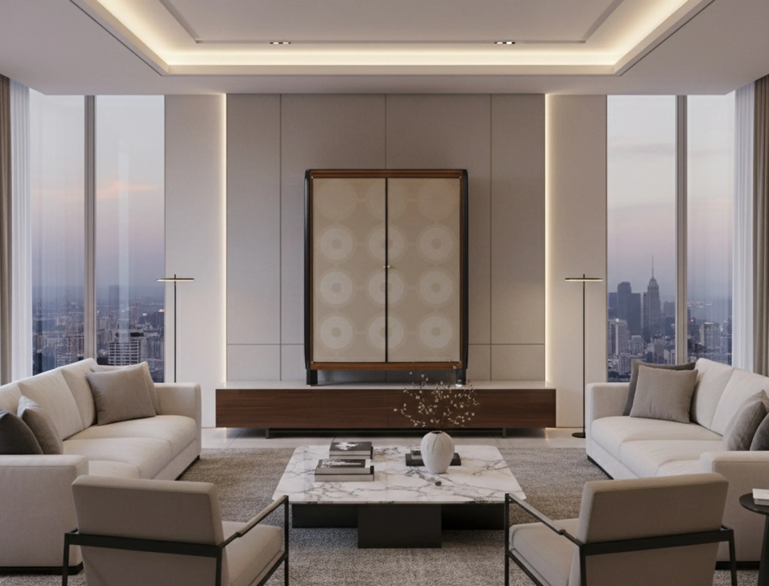 Antique bookcase with elegant design in a modern living room.